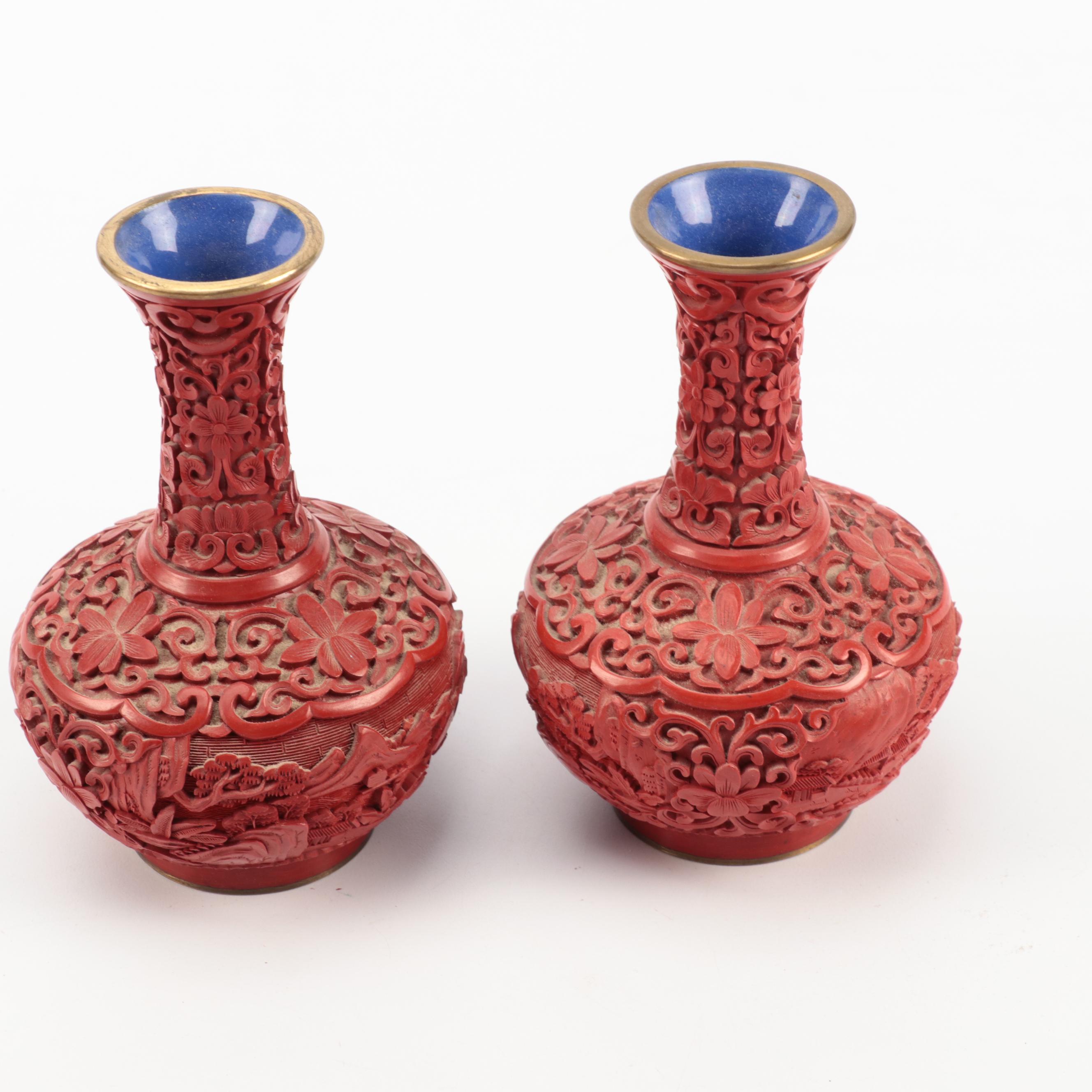 Chinese Carved Cinnabar Lacquer and Resin Snuff Bottles, Vases and More