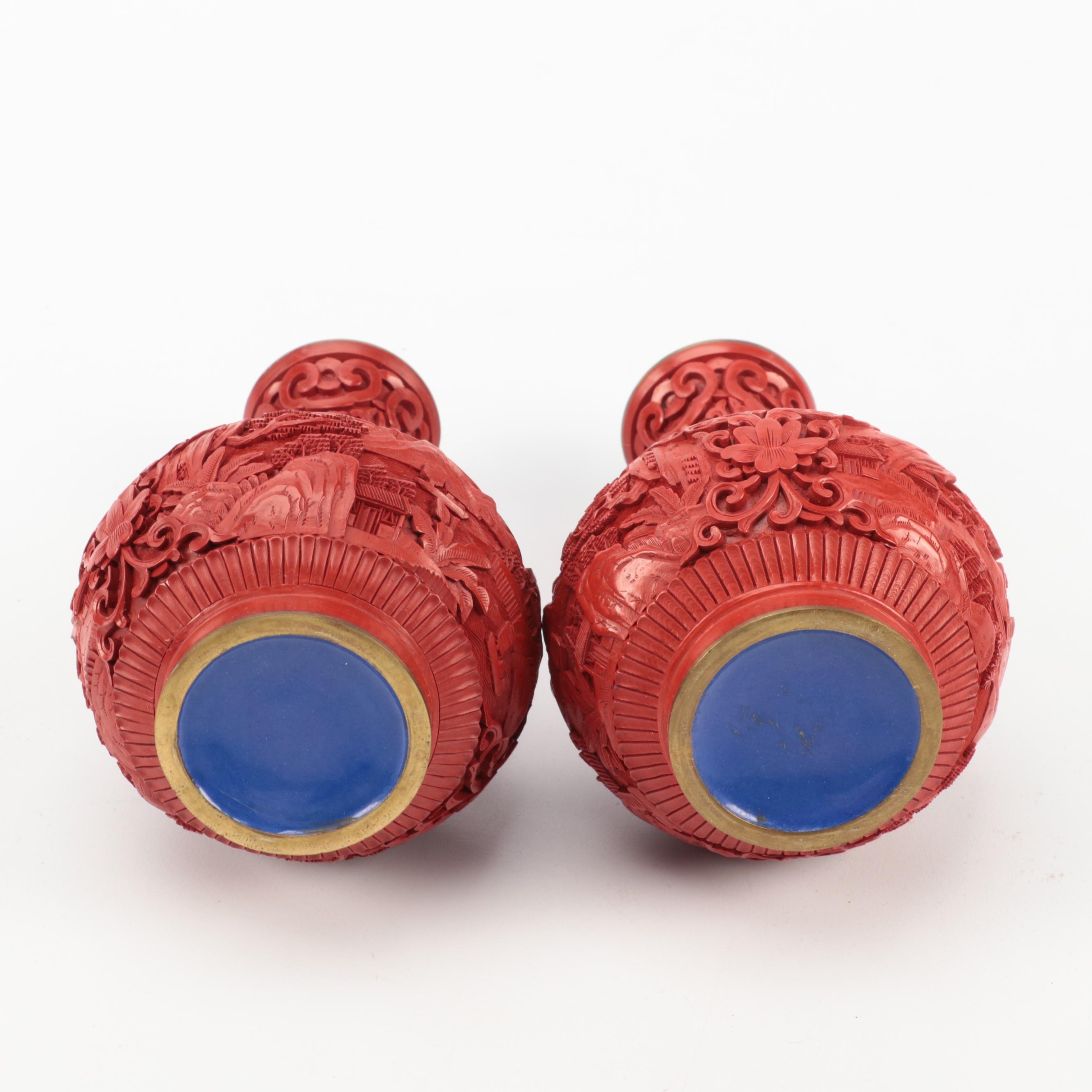 Chinese Carved Cinnabar Lacquer and Resin Snuff Bottles, Vases and More