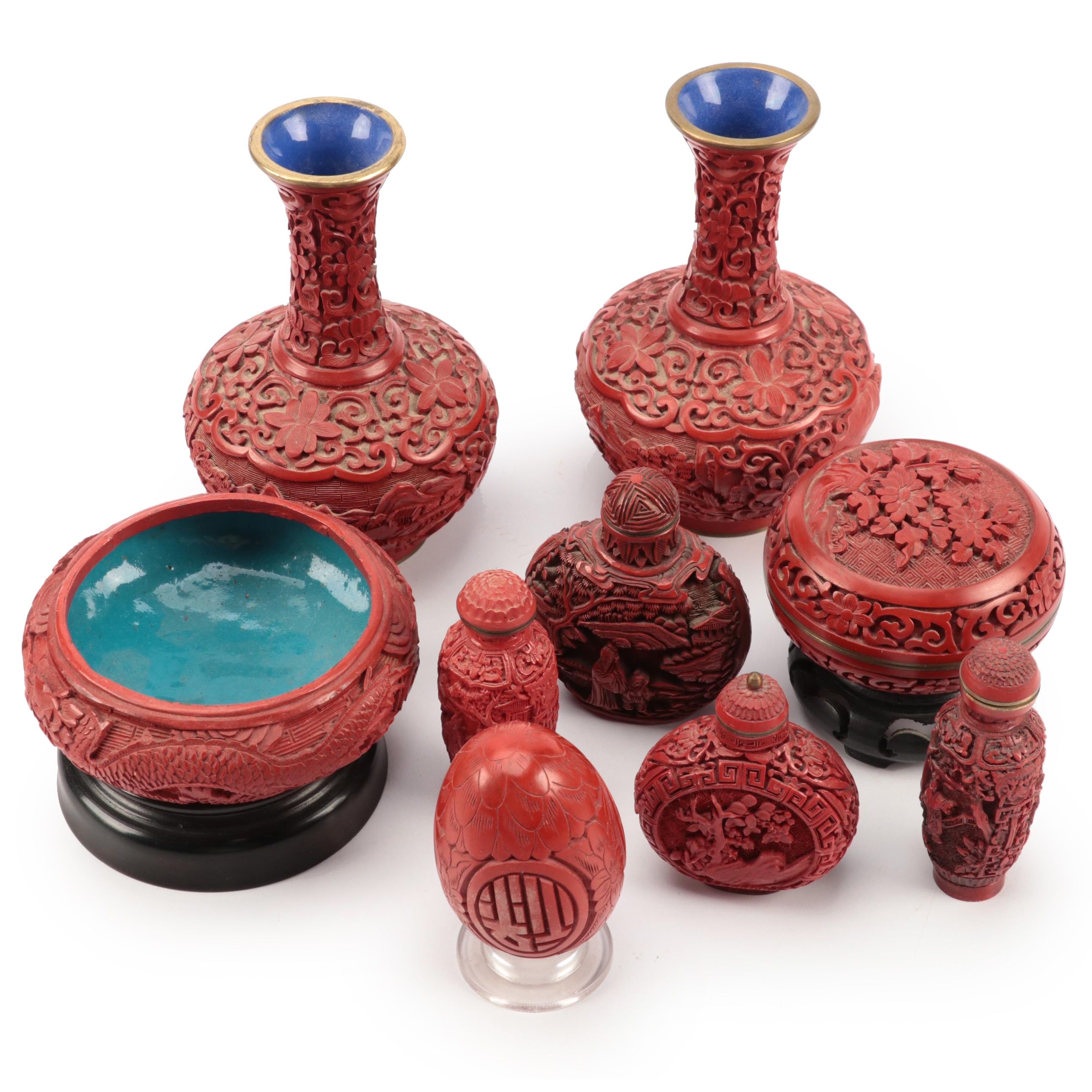 Chinese Carved Cinnabar Lacquer and Resin Snuff Bottles, Vases and More