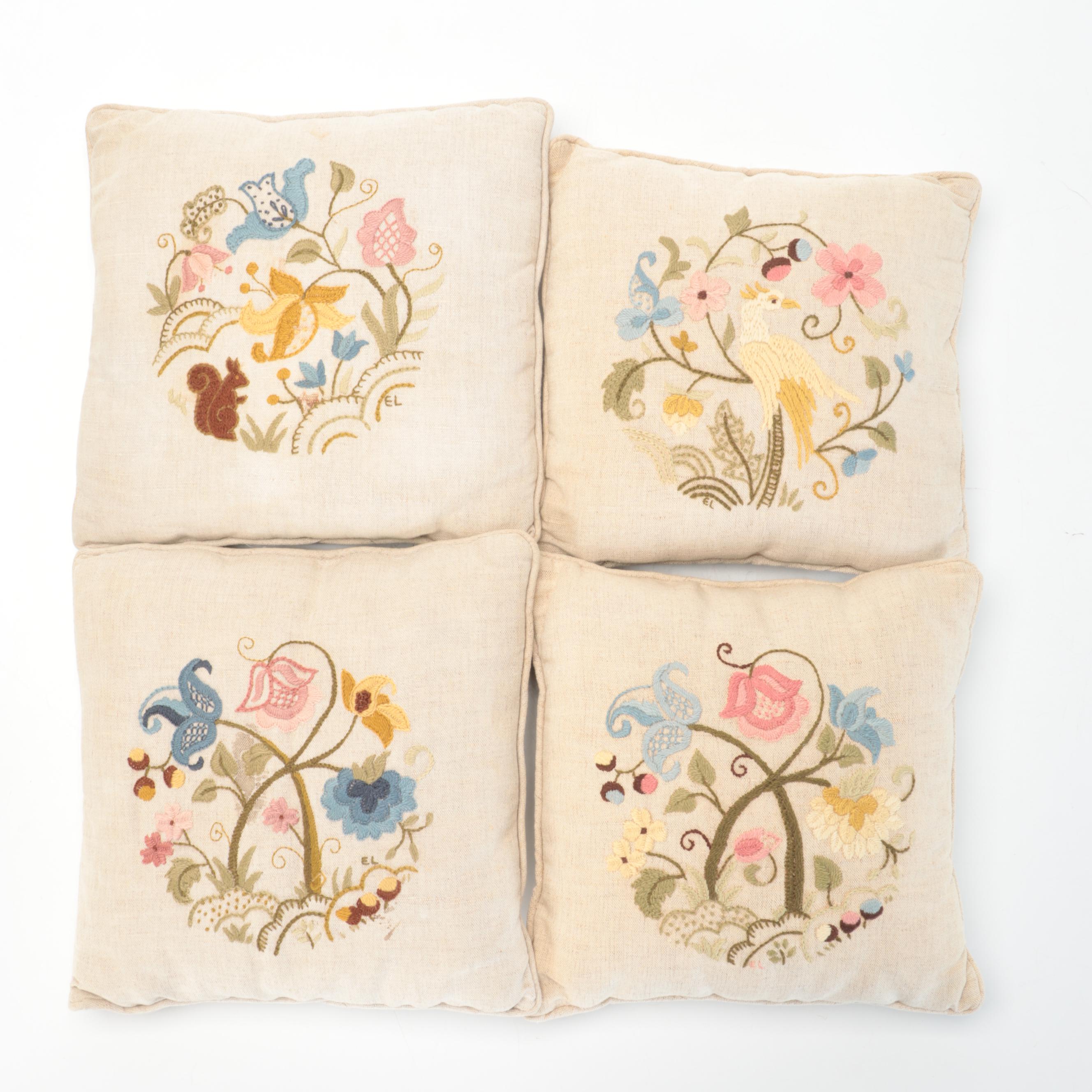 Needlepoint and Embroidered Throw Pillows With Tasseled Curtain Tiebacks