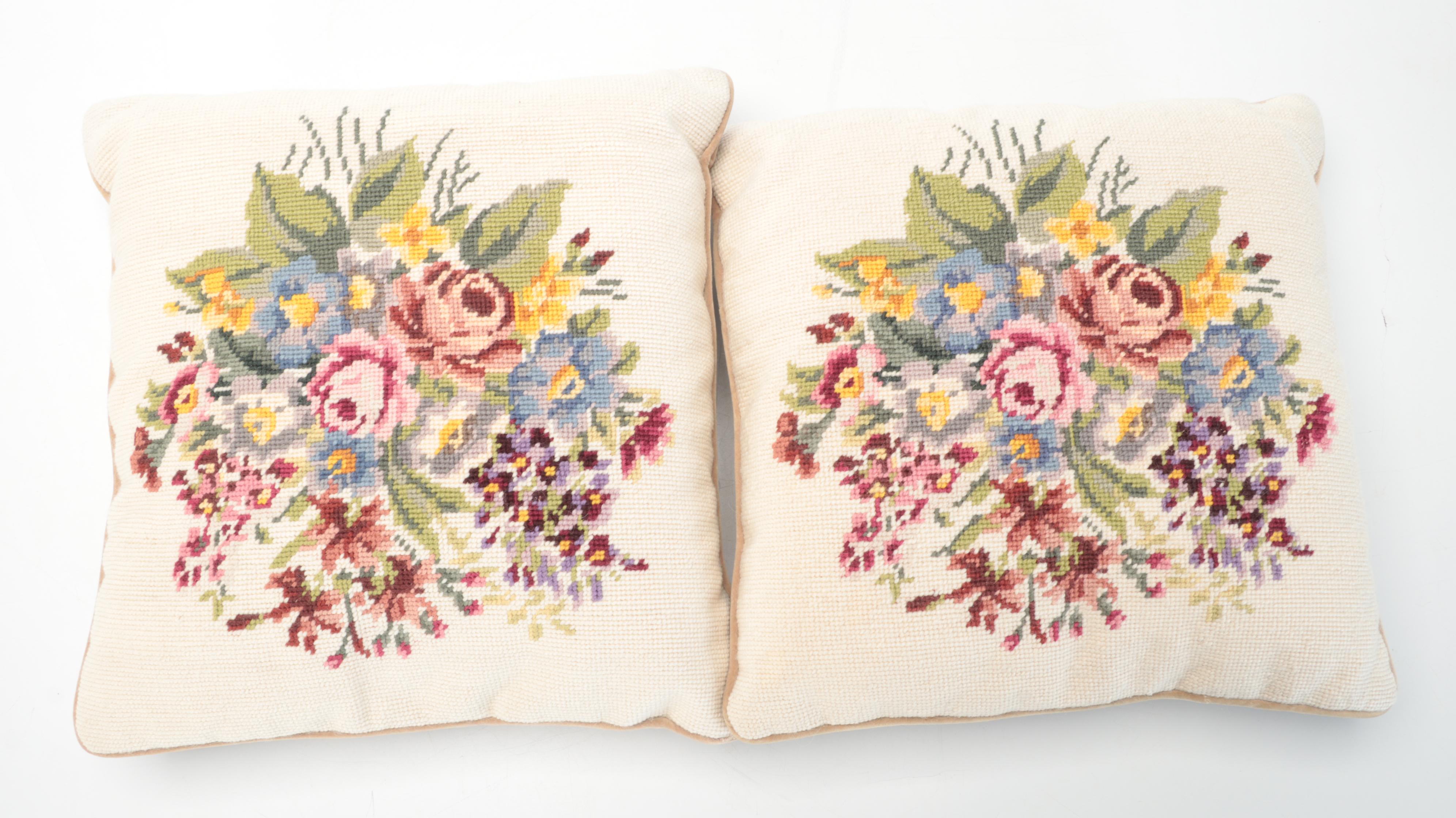 Needlepoint and Embroidered Throw Pillows With Tasseled Curtain Tiebacks