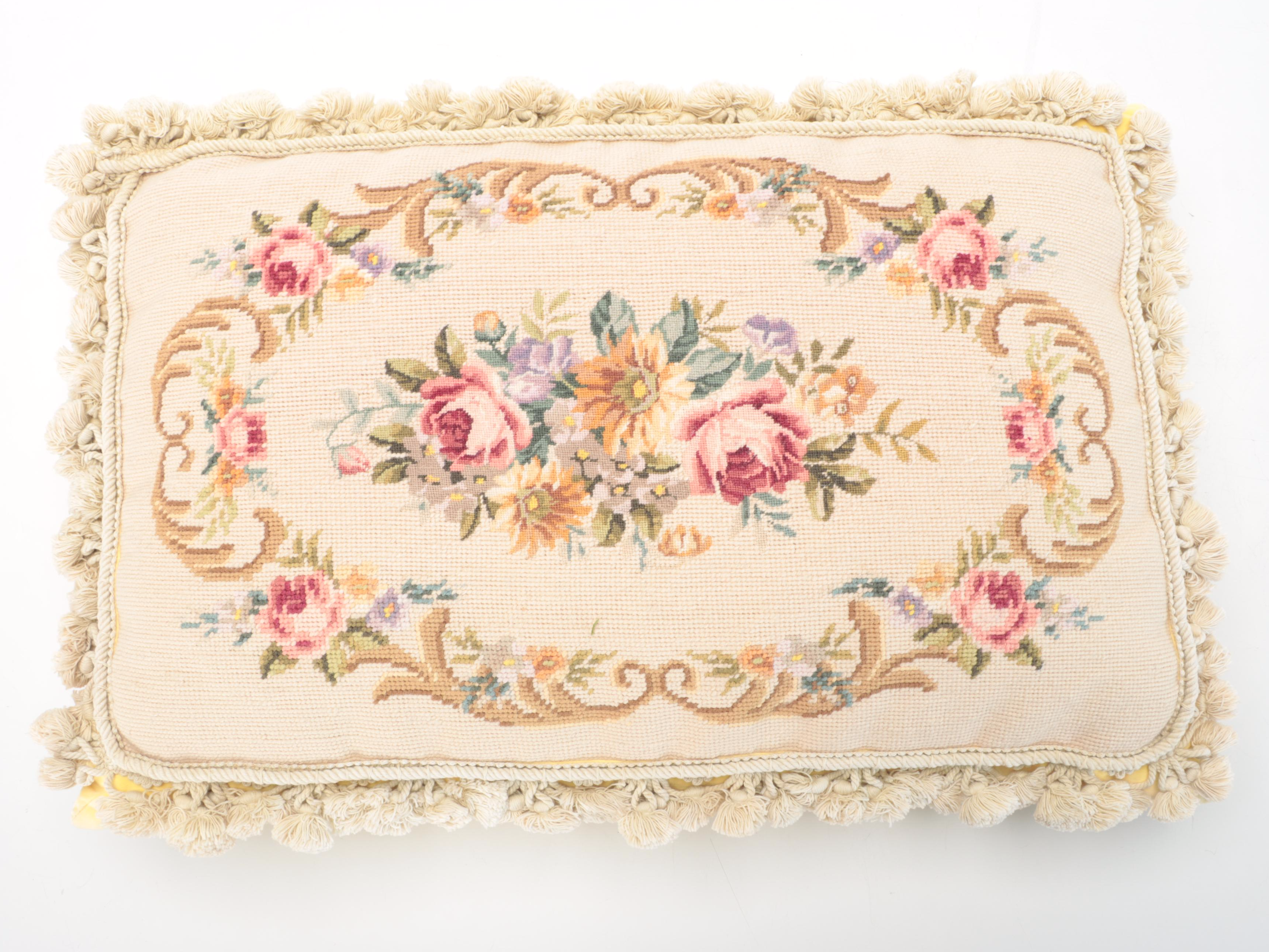 Needlepoint and Embroidered Throw Pillows With Tasseled Curtain Tiebacks