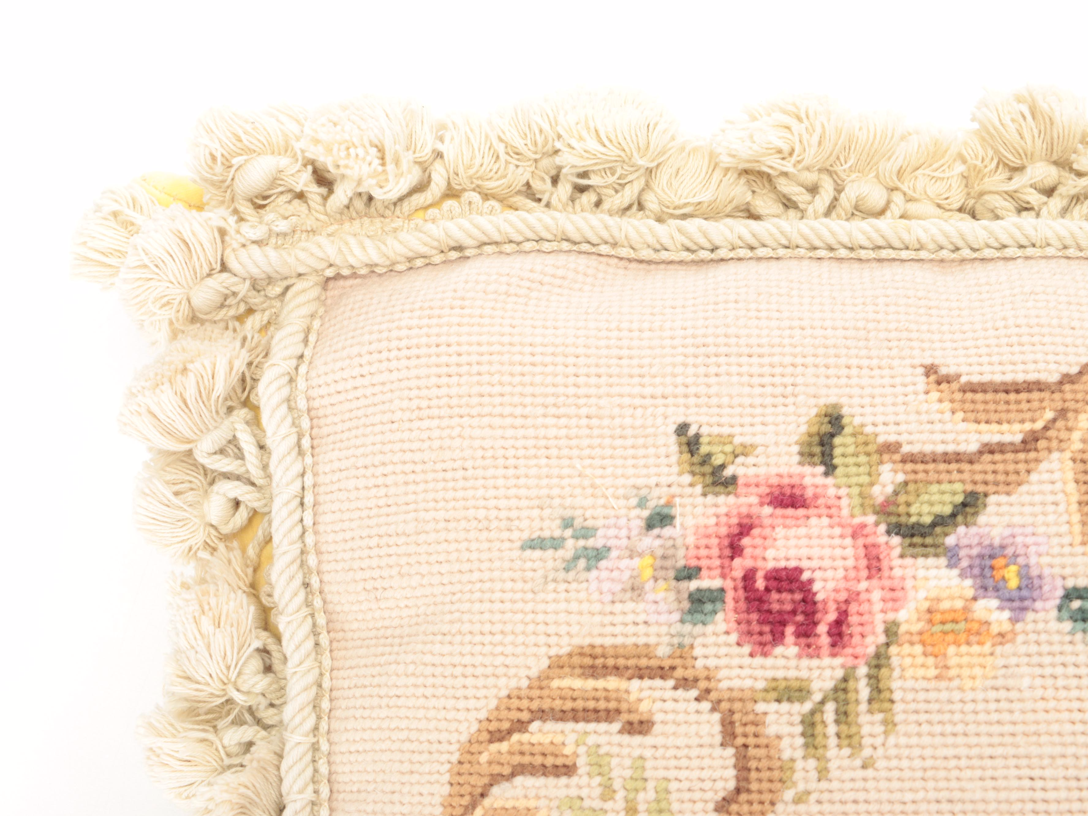 Needlepoint and Embroidered Throw Pillows With Tasseled Curtain Tiebacks