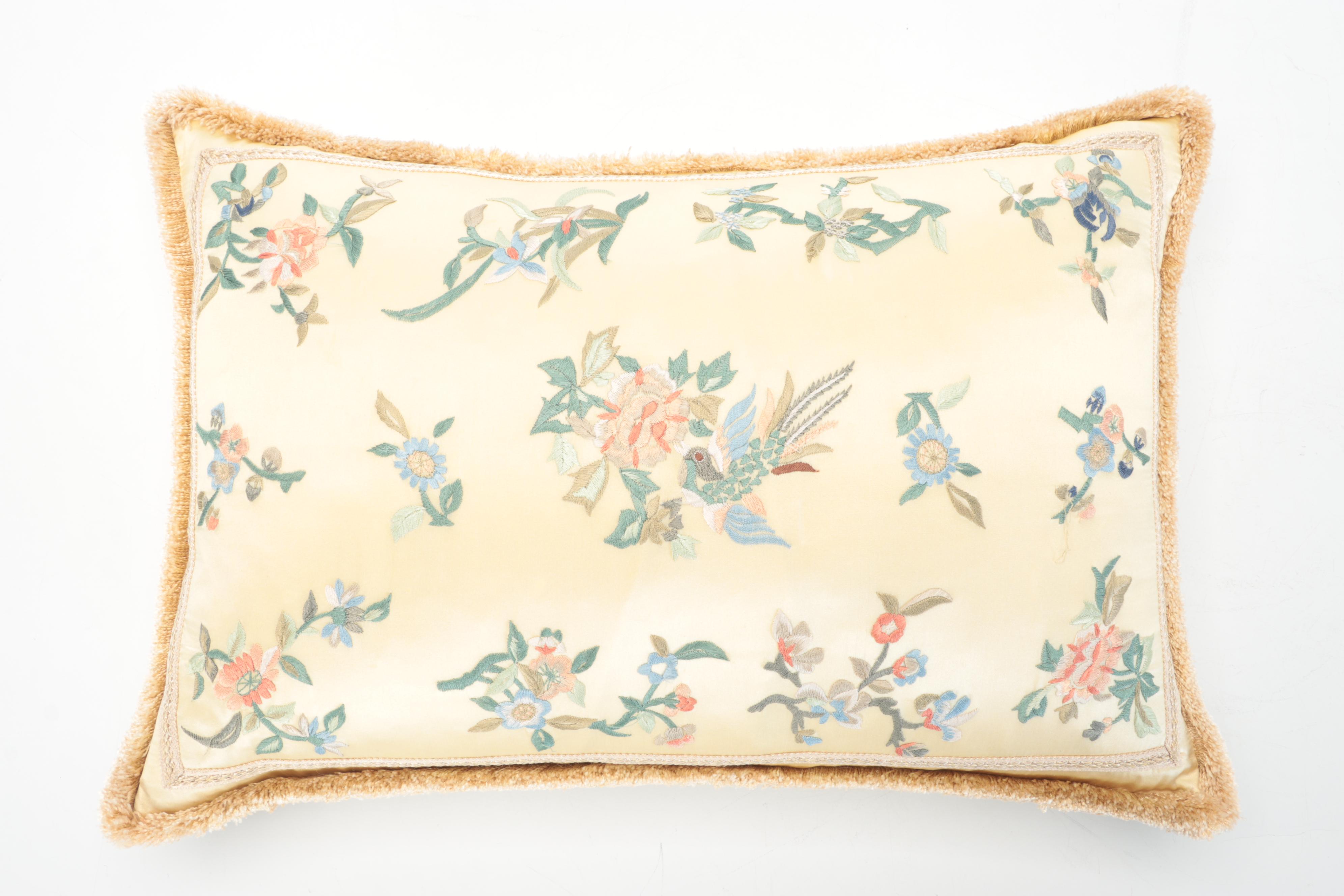 Needlepoint and Embroidered Throw Pillows With Tasseled Curtain Tiebacks