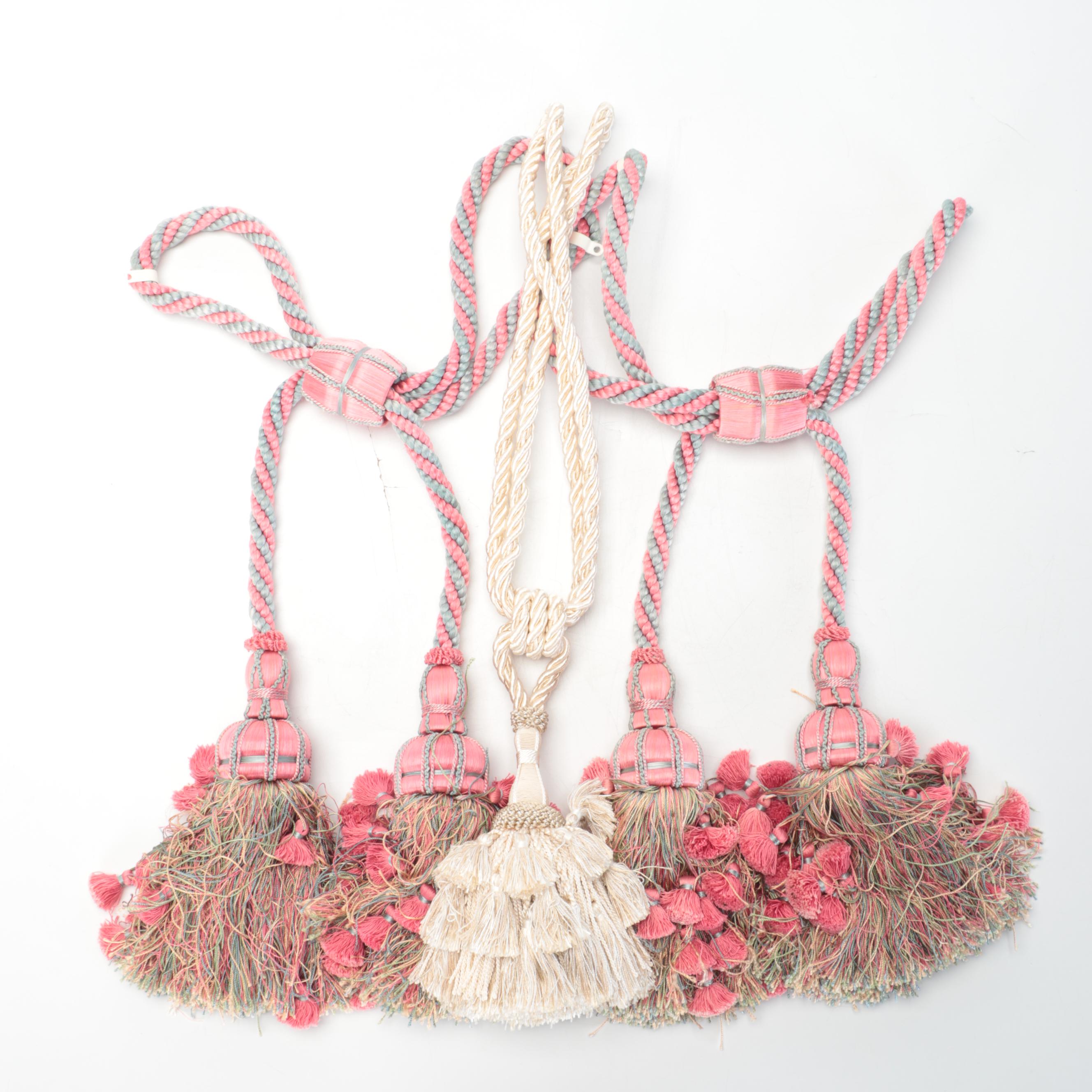 Needlepoint and Embroidered Throw Pillows With Tasseled Curtain Tiebacks