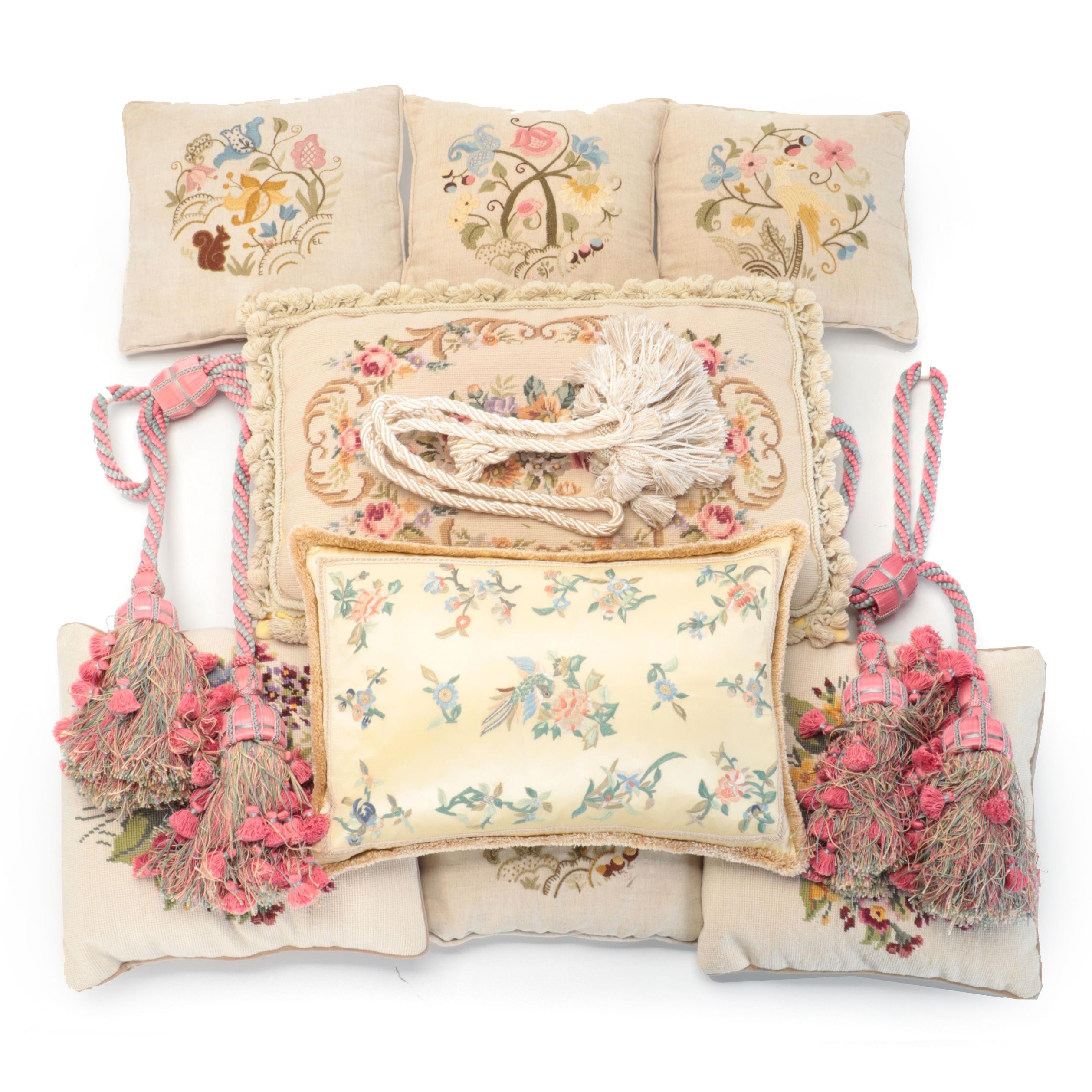 Needlepoint and Embroidered Throw Pillows With Tasseled Curtain Tiebacks