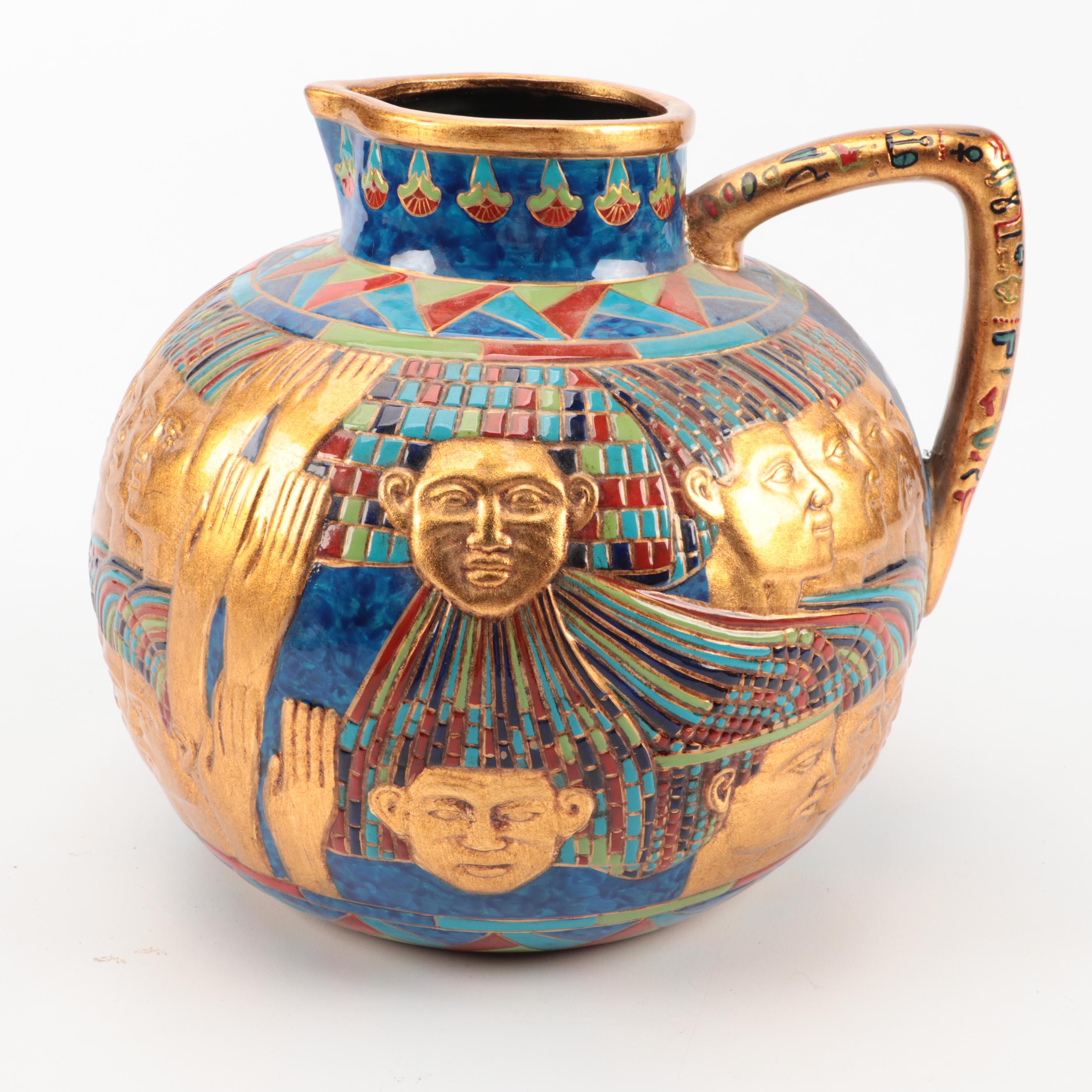 Egyptian Copper Wall Plates with Tray and Ceramic Pitcher