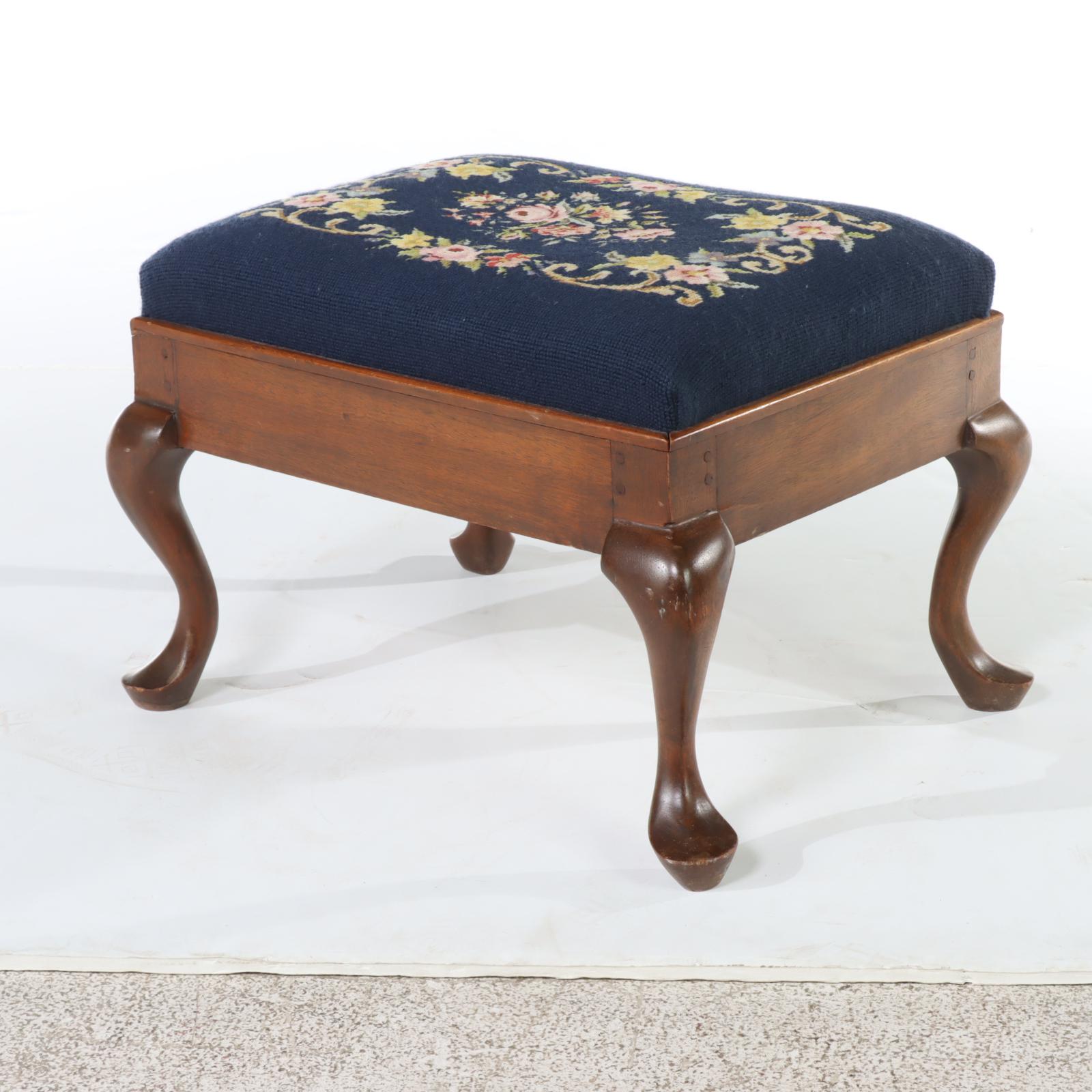 Two Queen Anne Style Needlepoint Footstools, 20th Century