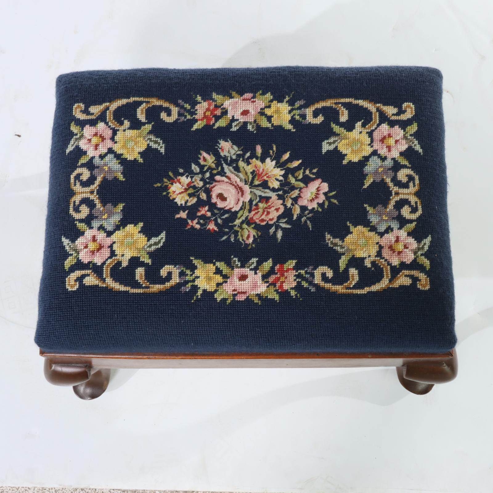 Two Queen Anne Style Needlepoint Footstools, 20th Century