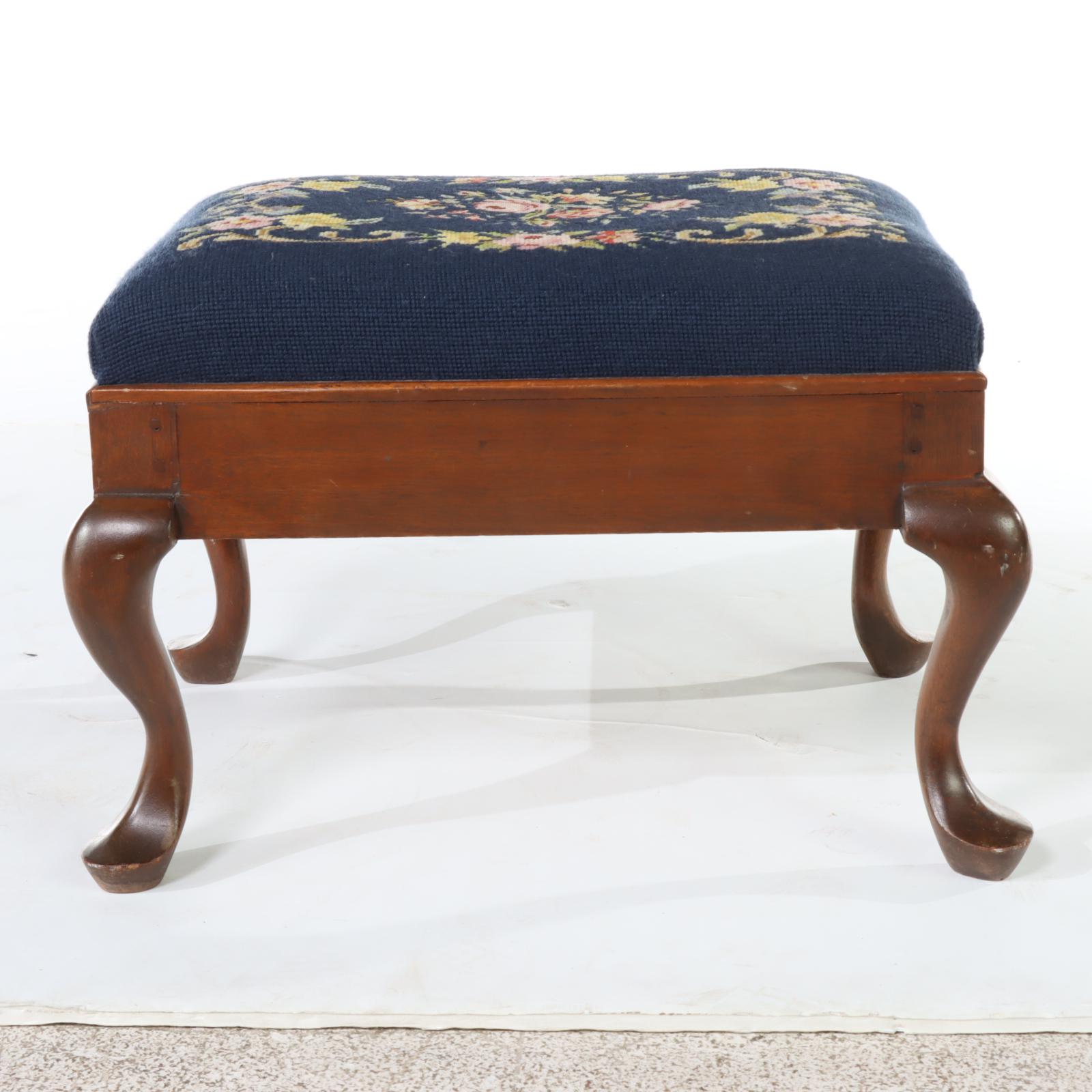 Two Queen Anne Style Needlepoint Footstools, 20th Century