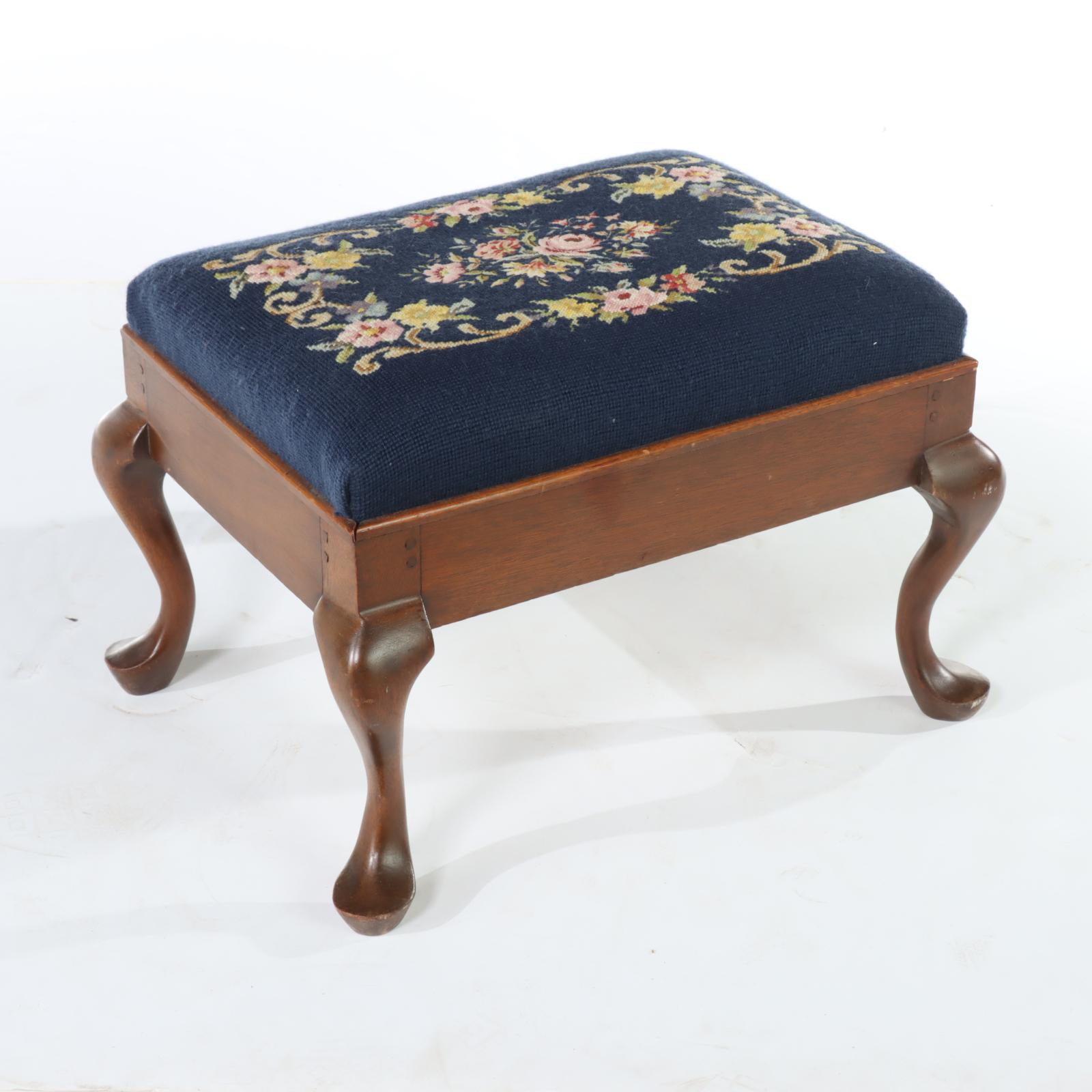 Two Queen Anne Style Needlepoint Footstools, 20th Century