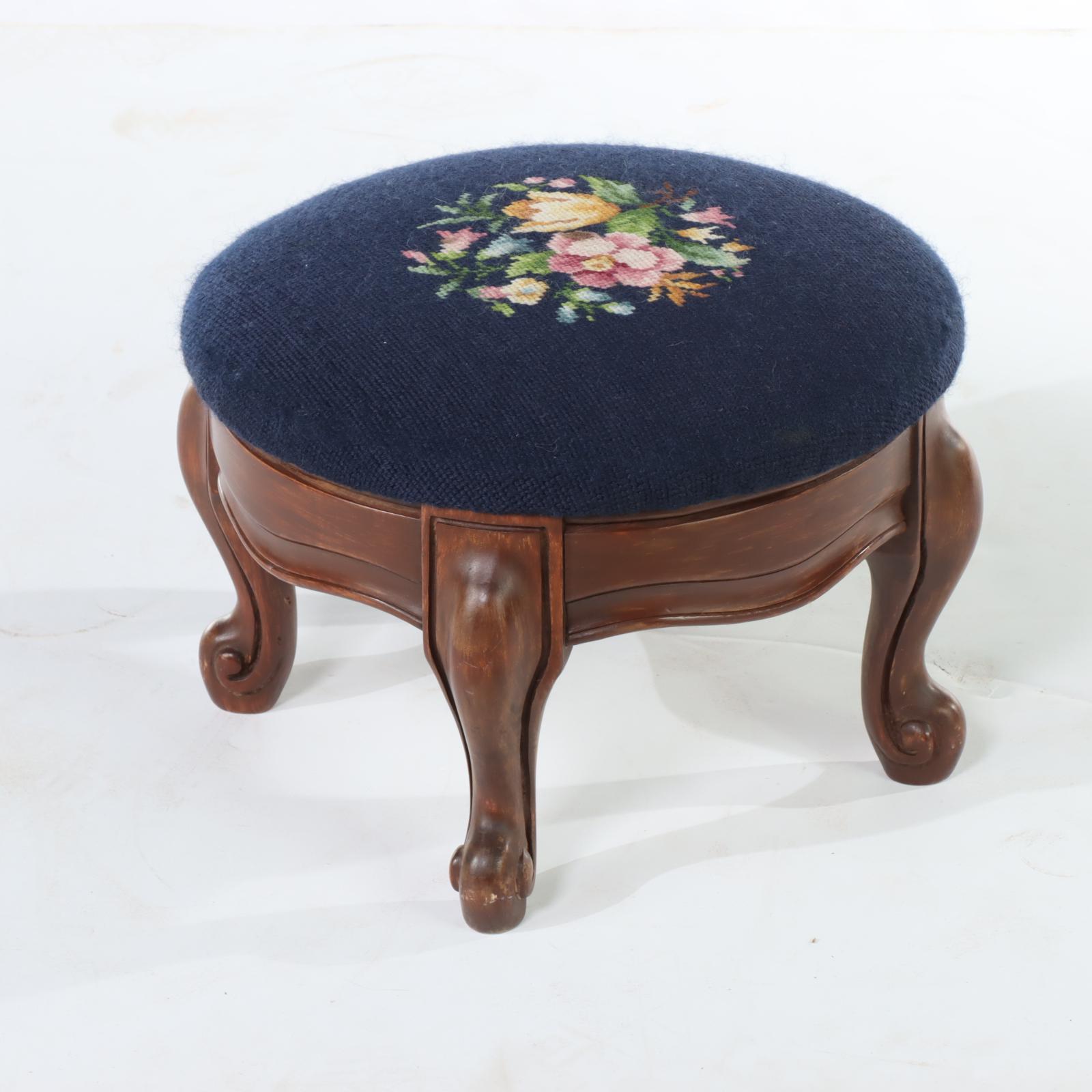 Two Queen Anne Style Needlepoint Footstools, 20th Century