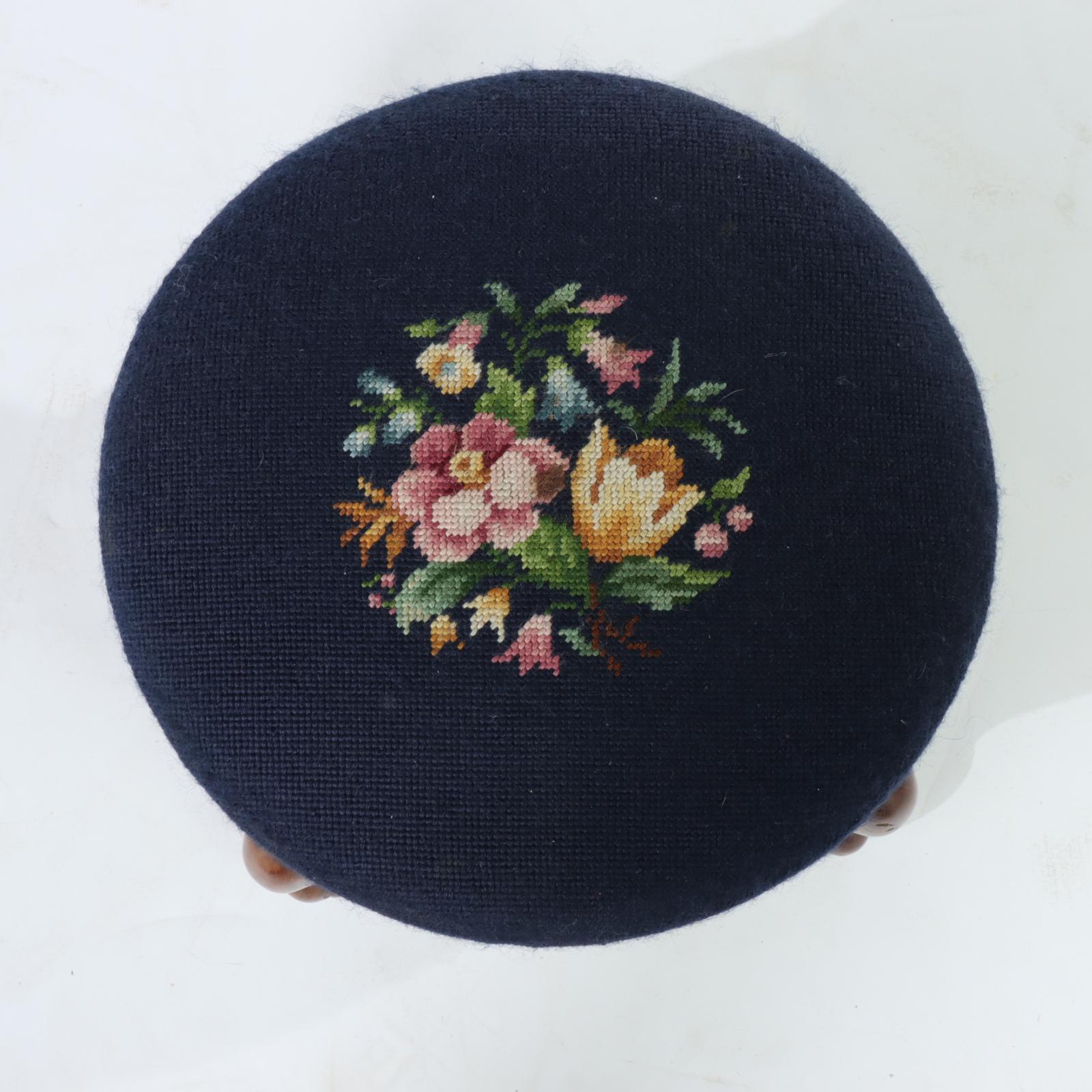 Two Queen Anne Style Needlepoint Footstools, 20th Century