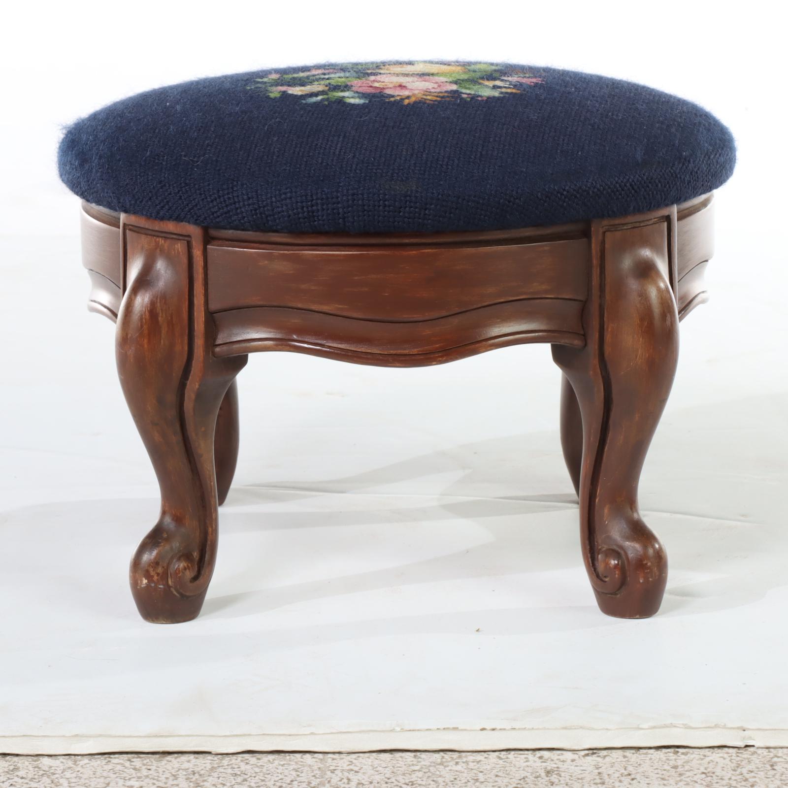 Two Queen Anne Style Needlepoint Footstools, 20th Century
