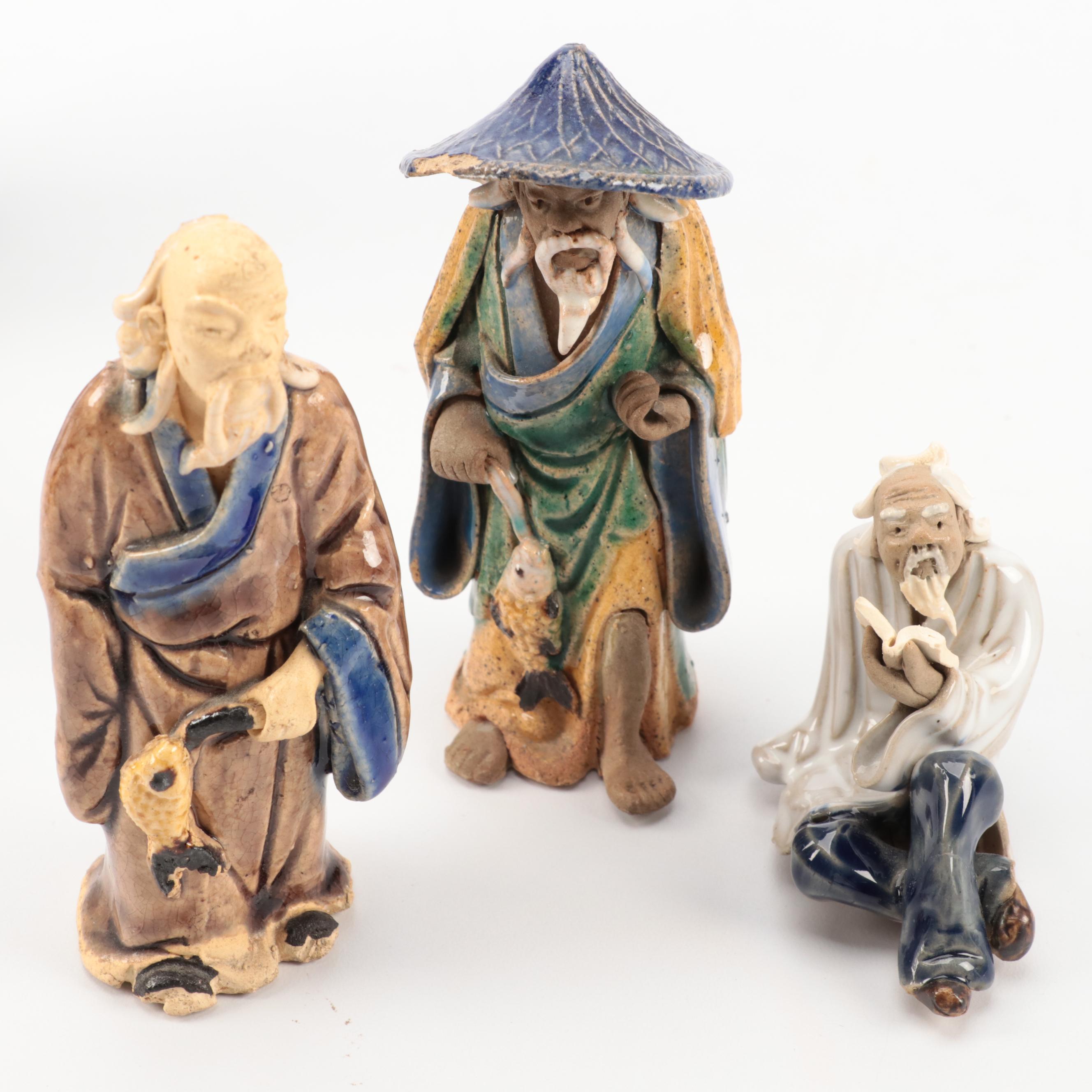 Chinese Shiwan Earthenware Figurines Including Flower Vases