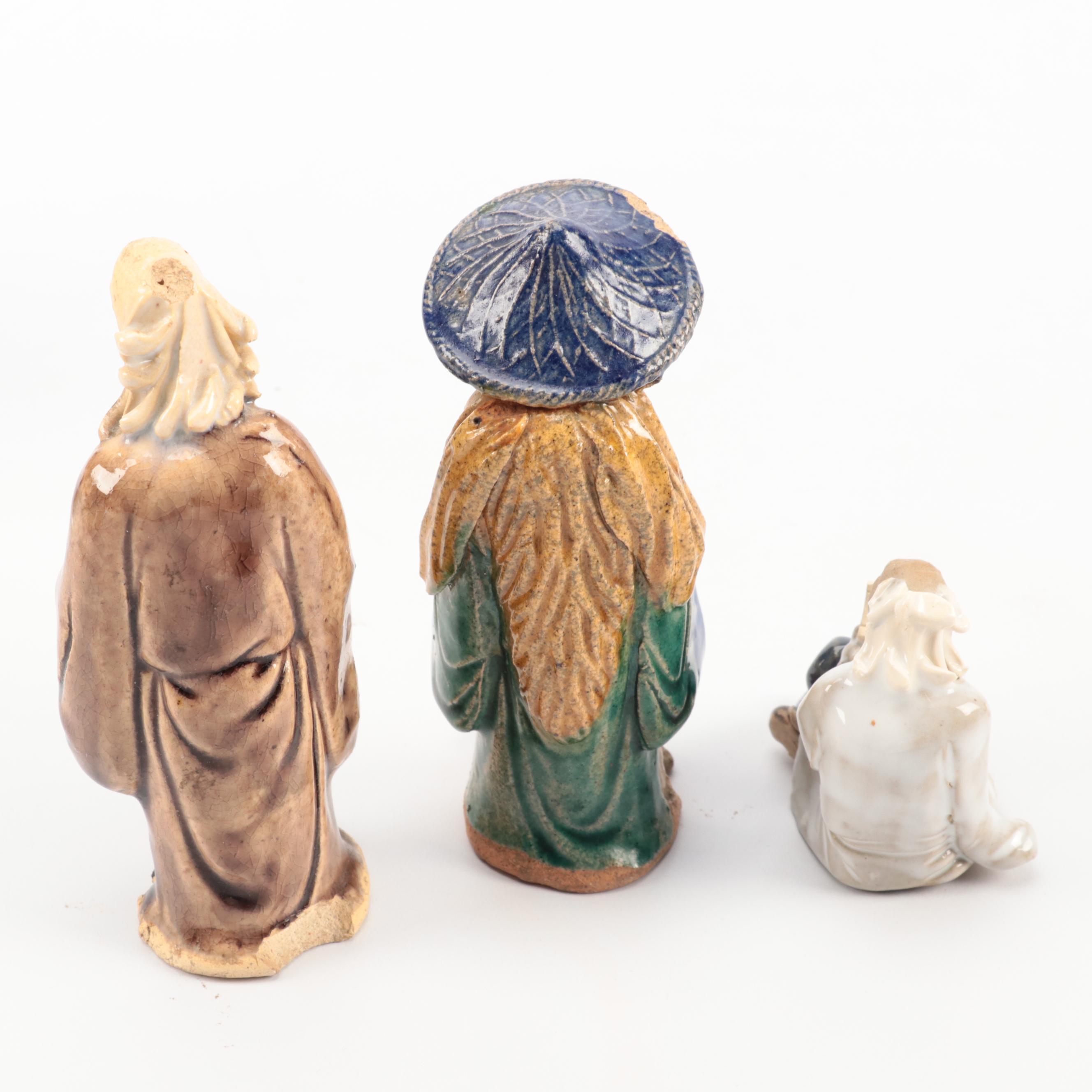 Chinese Shiwan Earthenware Figurines Including Flower Vases