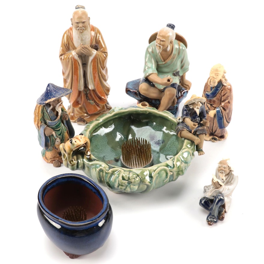 Chinese Shiwan Earthenware Figurines Including Flower Vases