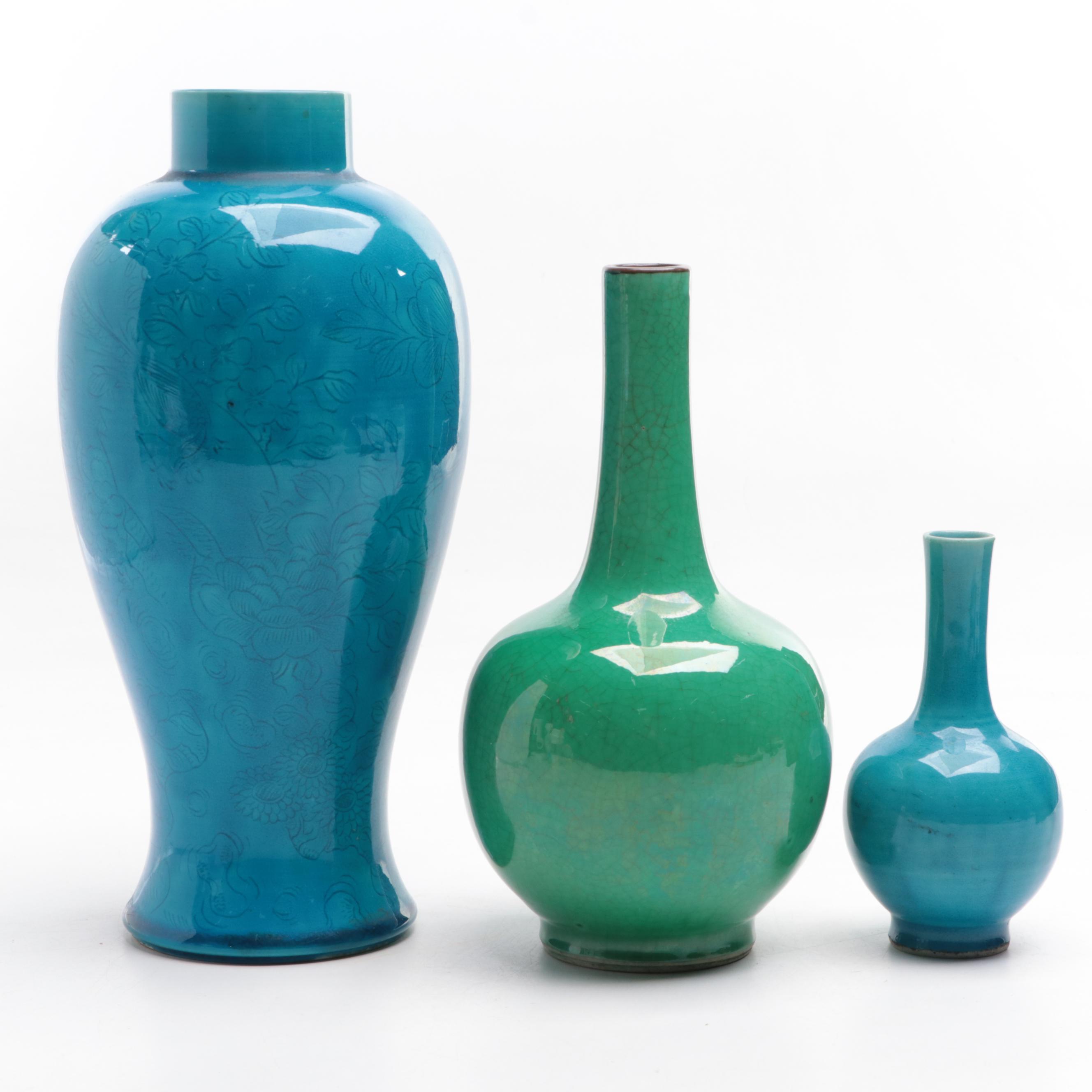 Chinese Turquoise and Green Glazed Ceramic Vases, Late 20th Century