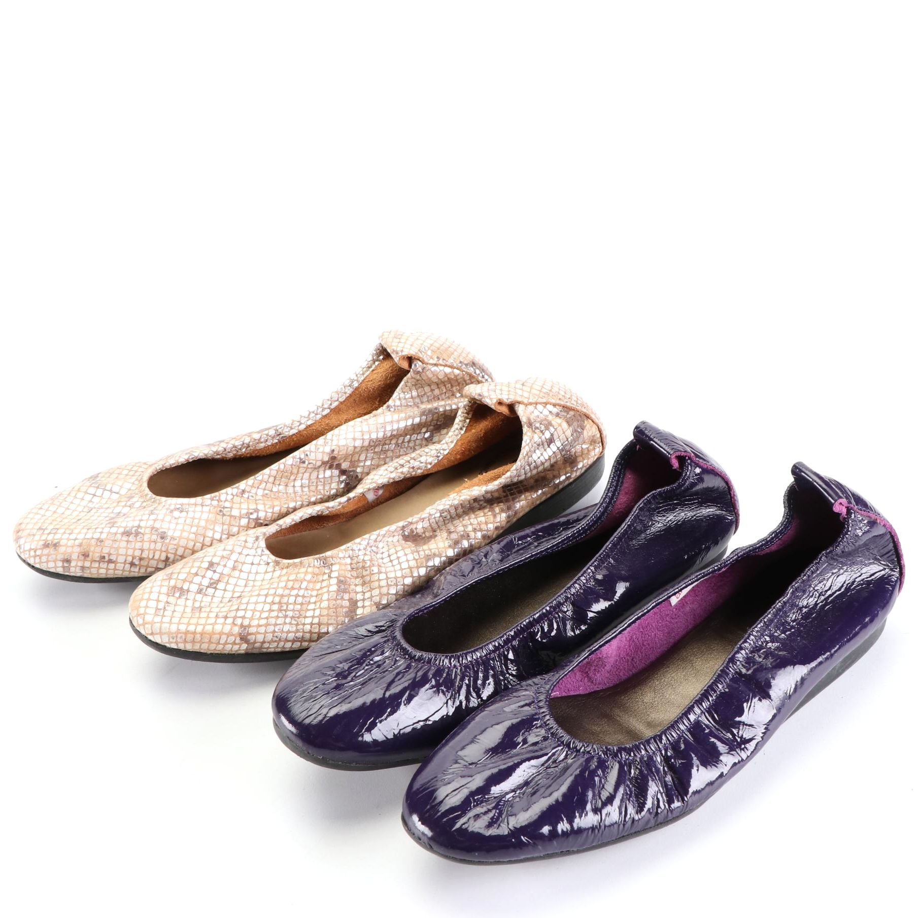 Arche Ballerina Flats in Purple Patent and Metallic Snakeskin Effect Leather