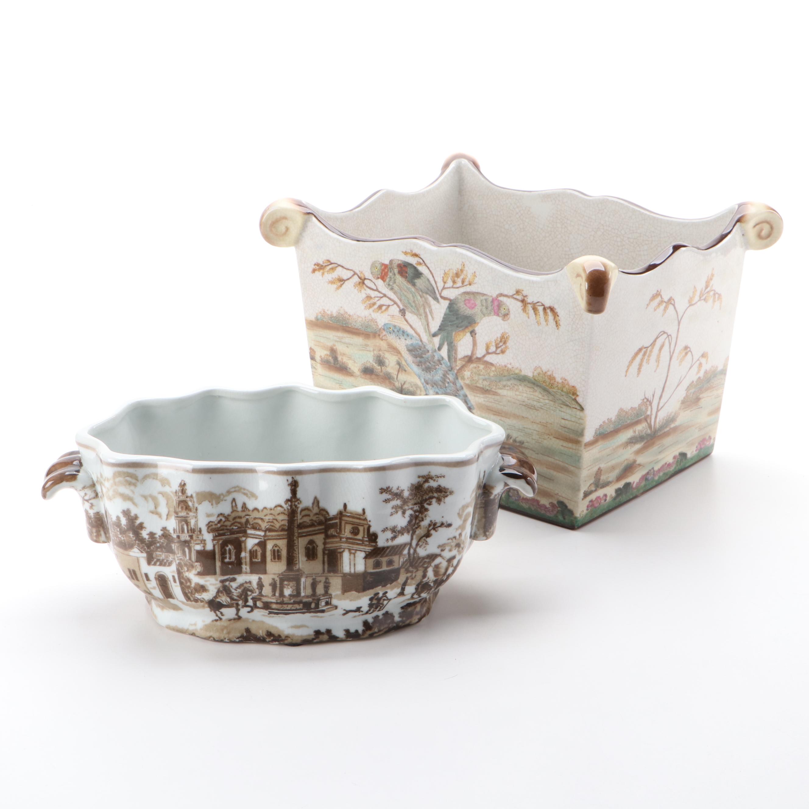 Chinese Crackle Glaze Garden Motif Planter with Other Transferware Cache Pot