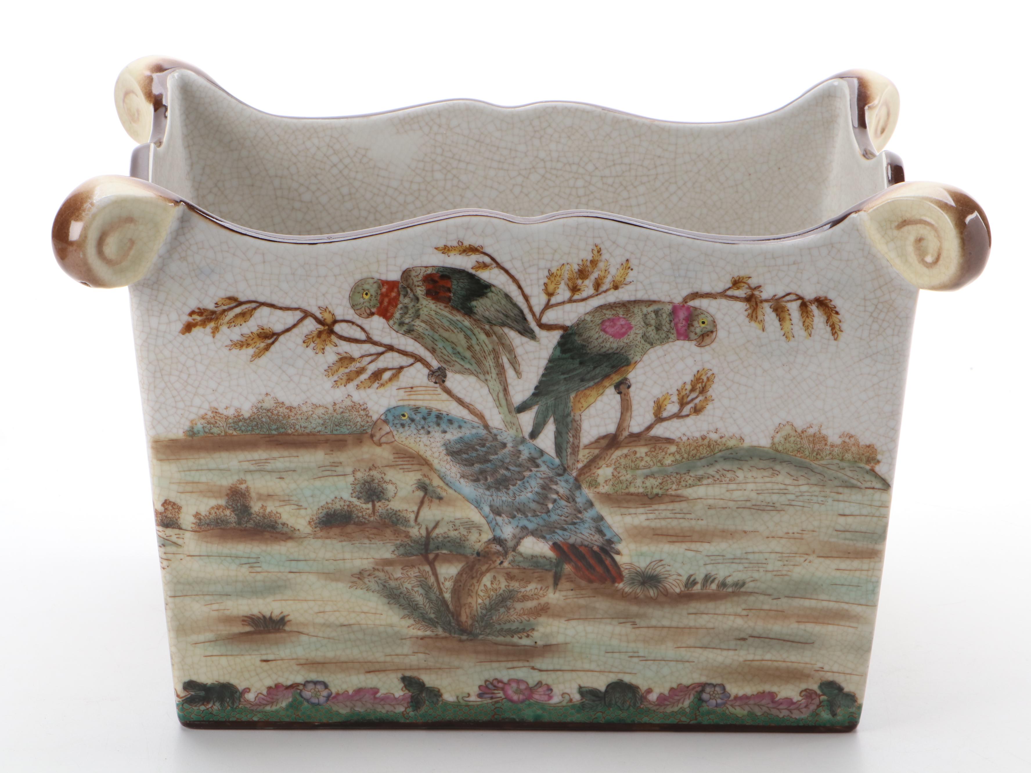 Chinese Crackle Glaze Garden Motif Planter with Other Transferware Cache Pot