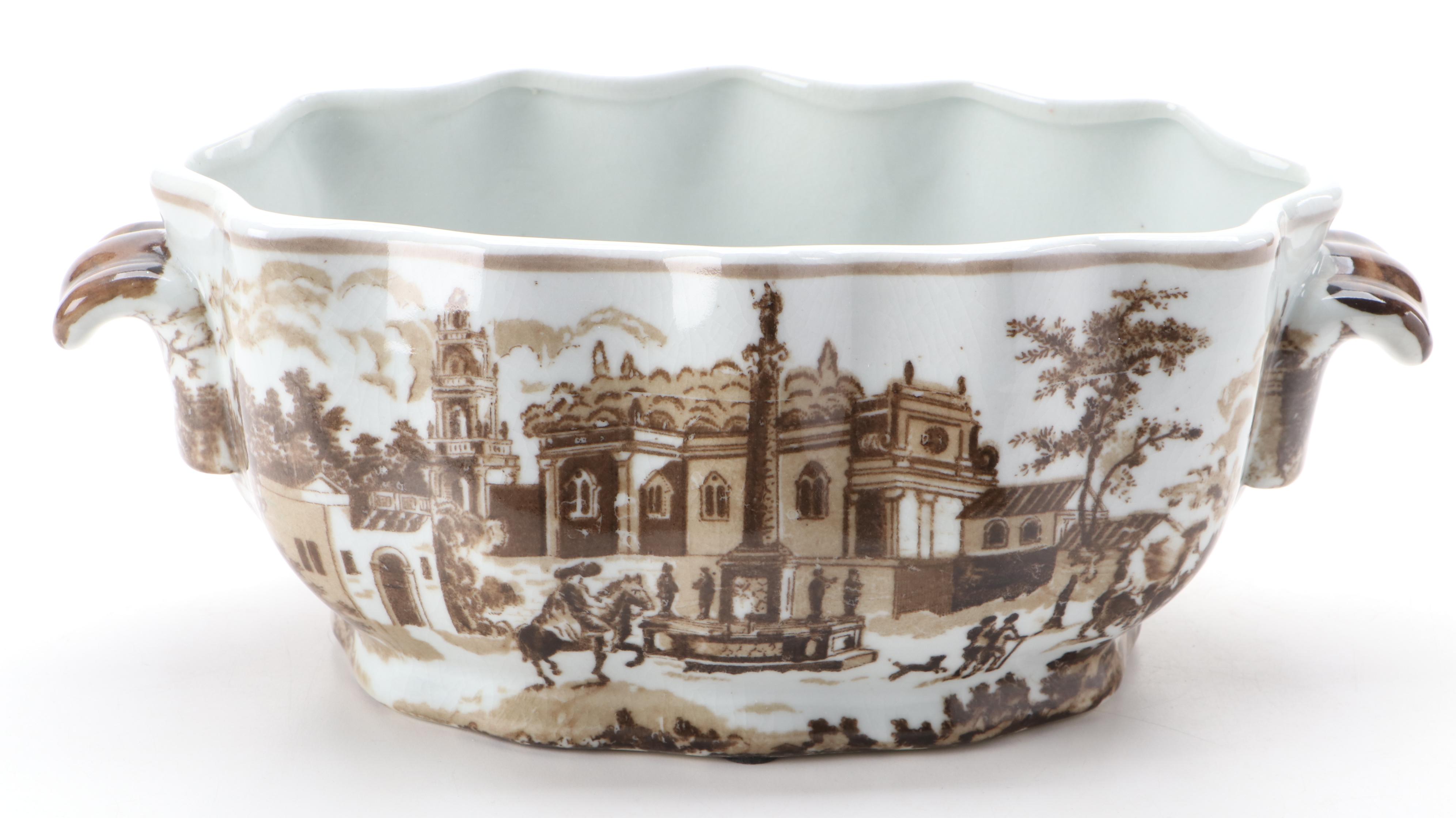 Chinese Crackle Glaze Garden Motif Planter with Other Transferware Cache Pot