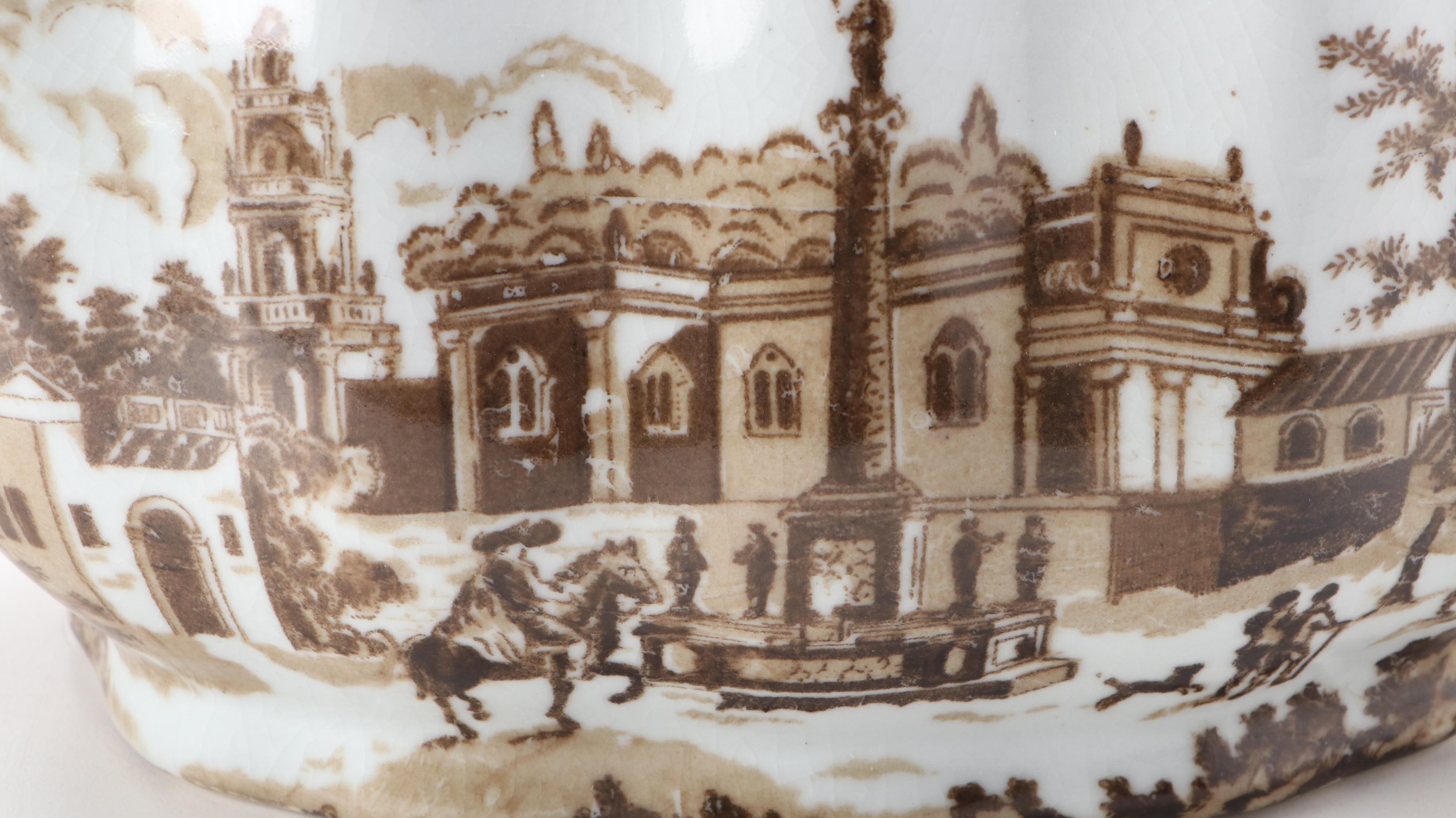 Chinese Crackle Glaze Garden Motif Planter with Other Transferware Cache Pot