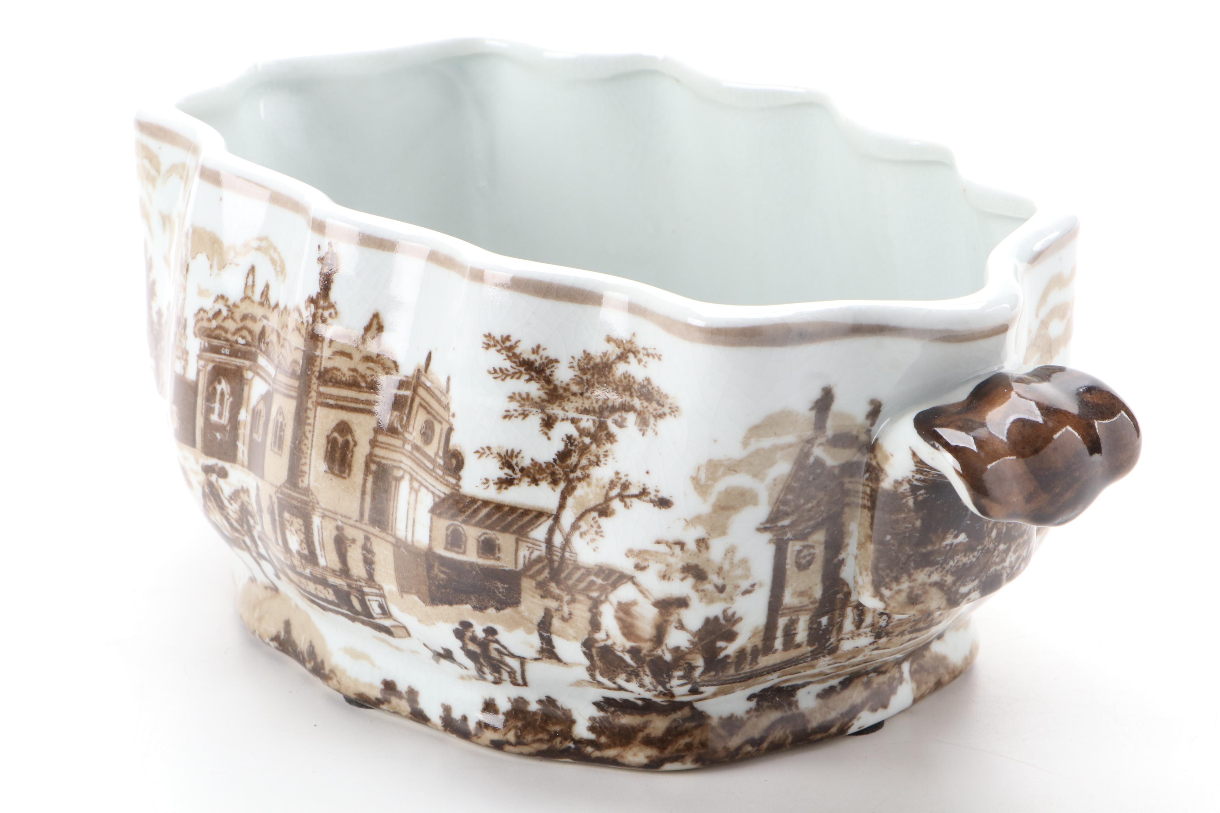 Chinese Crackle Glaze Garden Motif Planter with Other Transferware Cache Pot