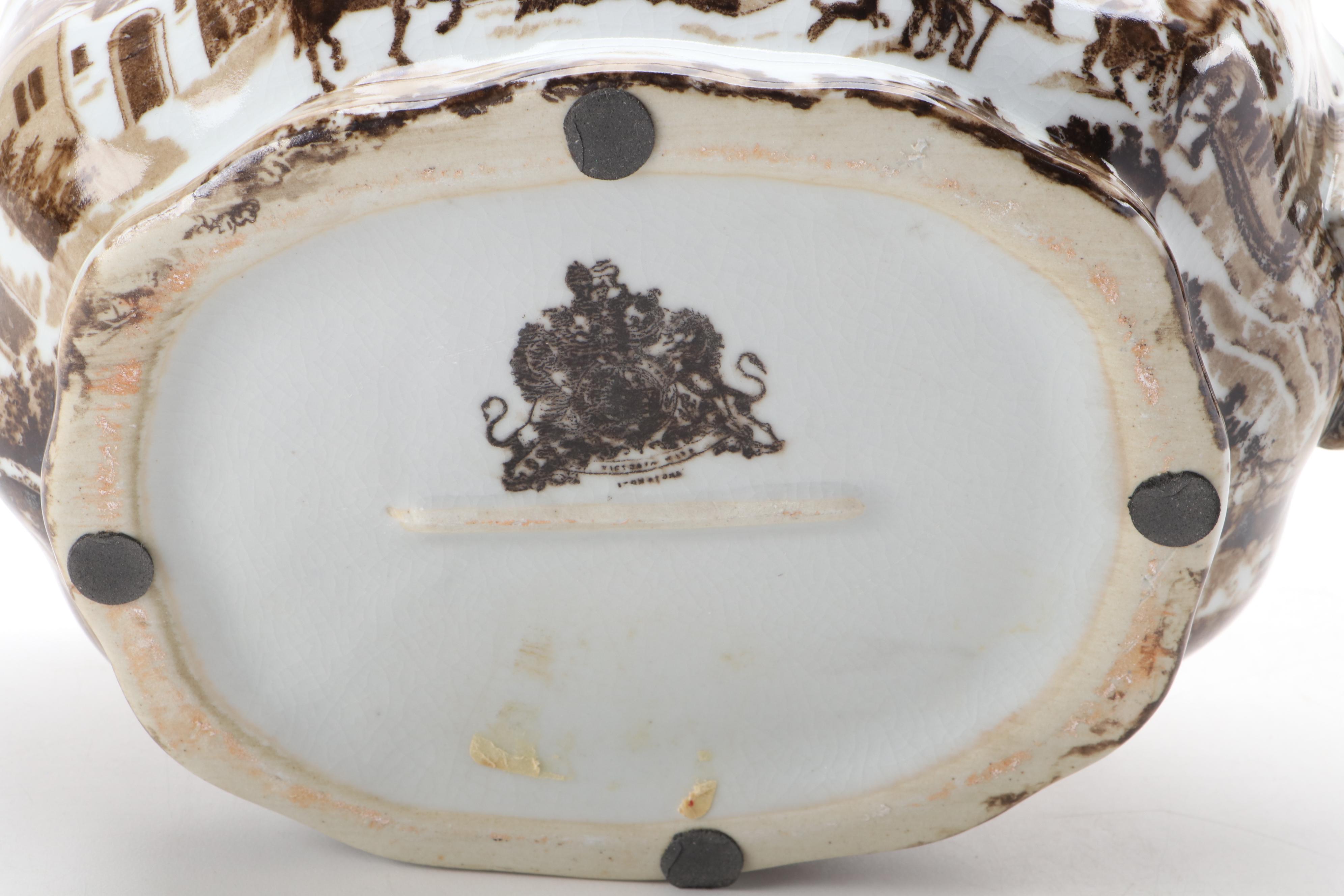 Chinese Crackle Glaze Garden Motif Planter with Other Transferware Cache Pot