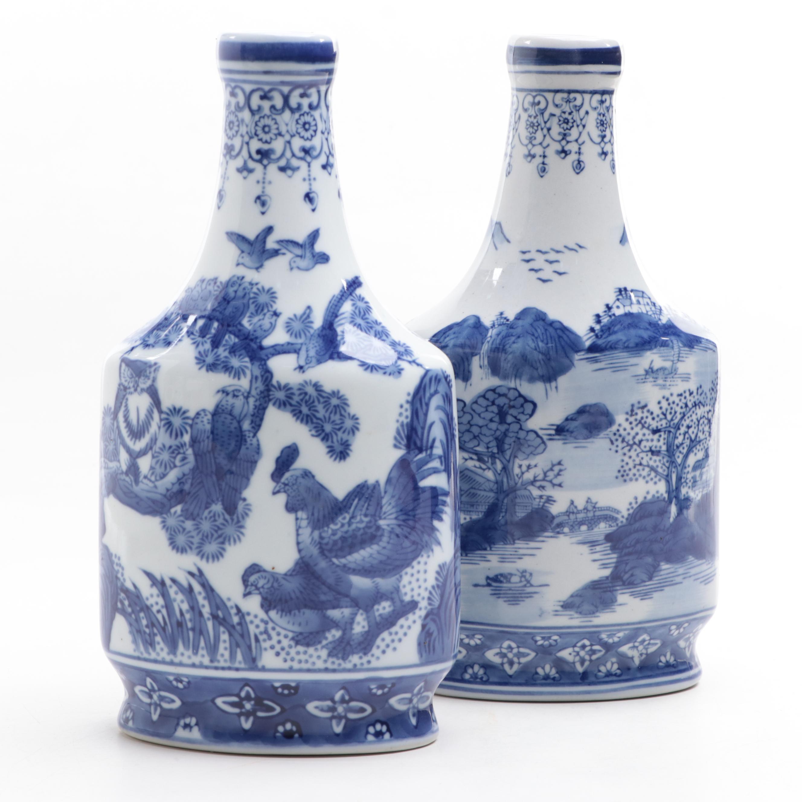 Formalities by Baum Bros. Chinese Blue and White Porcelain Bottle Vases