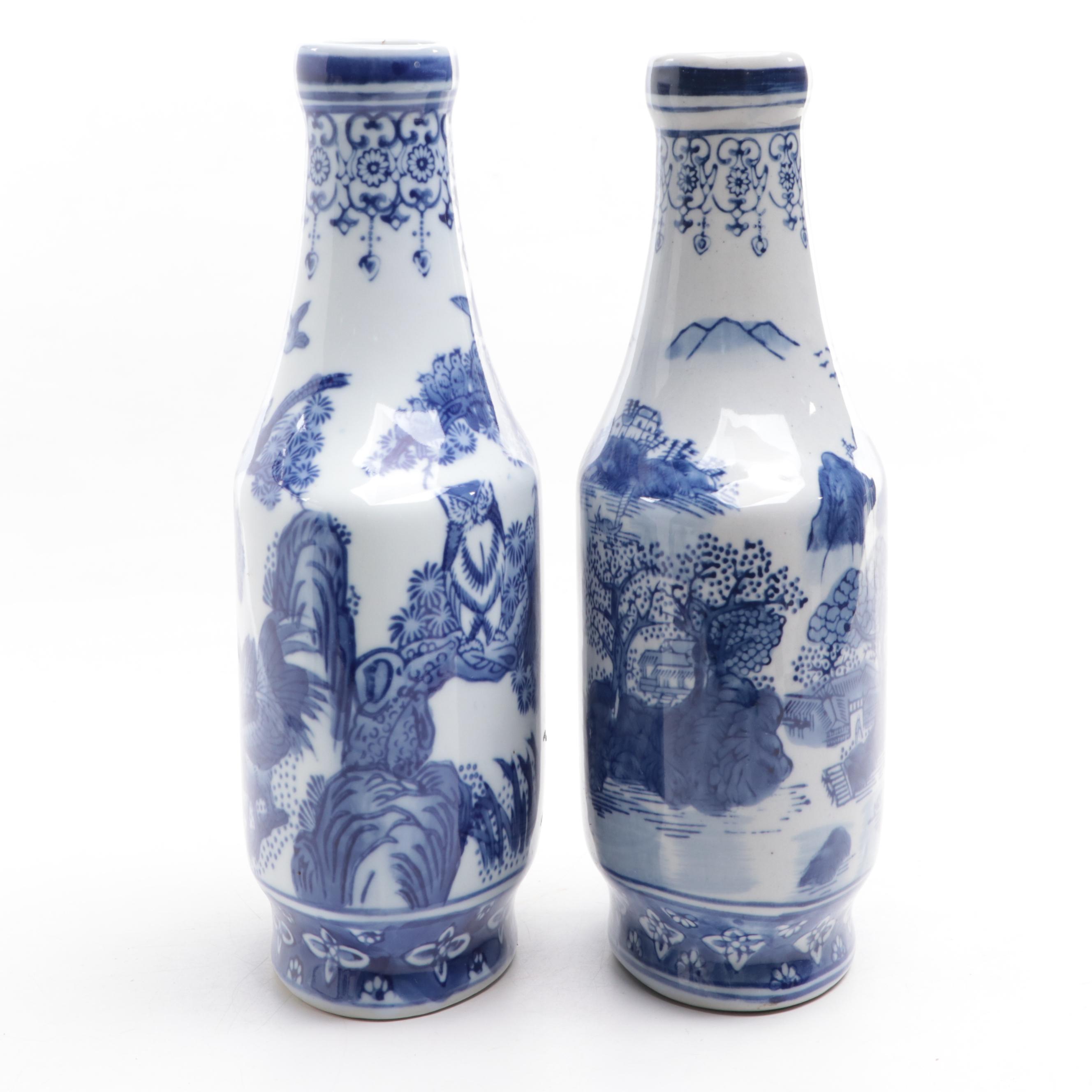 Formalities by Baum Bros. Chinese Blue and White Porcelain Bottle Vases