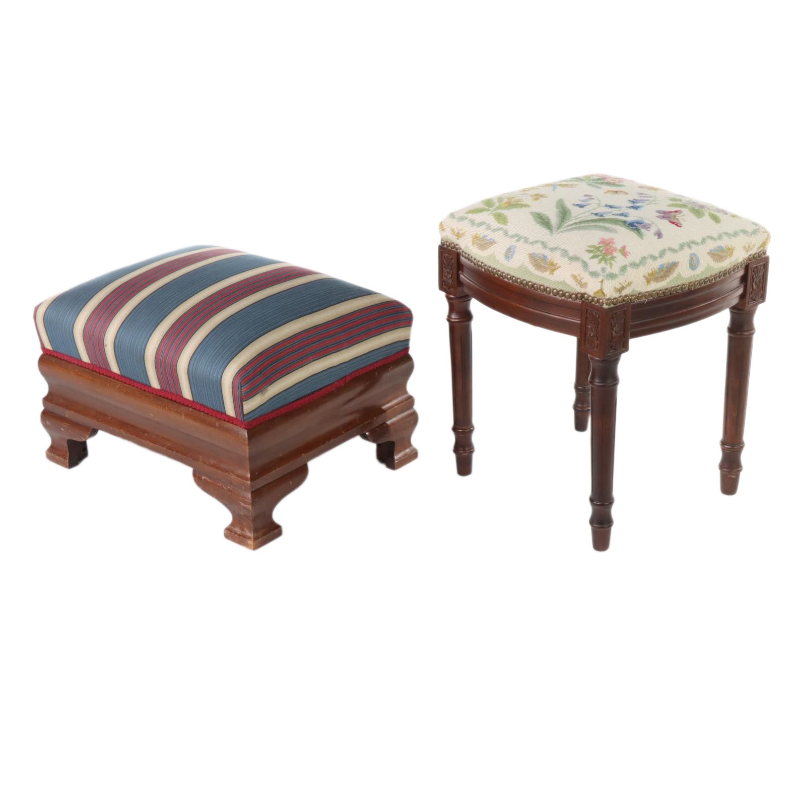 American Empire Revival Mahogany Footstool Plus Louis XVI Style Beech Stool