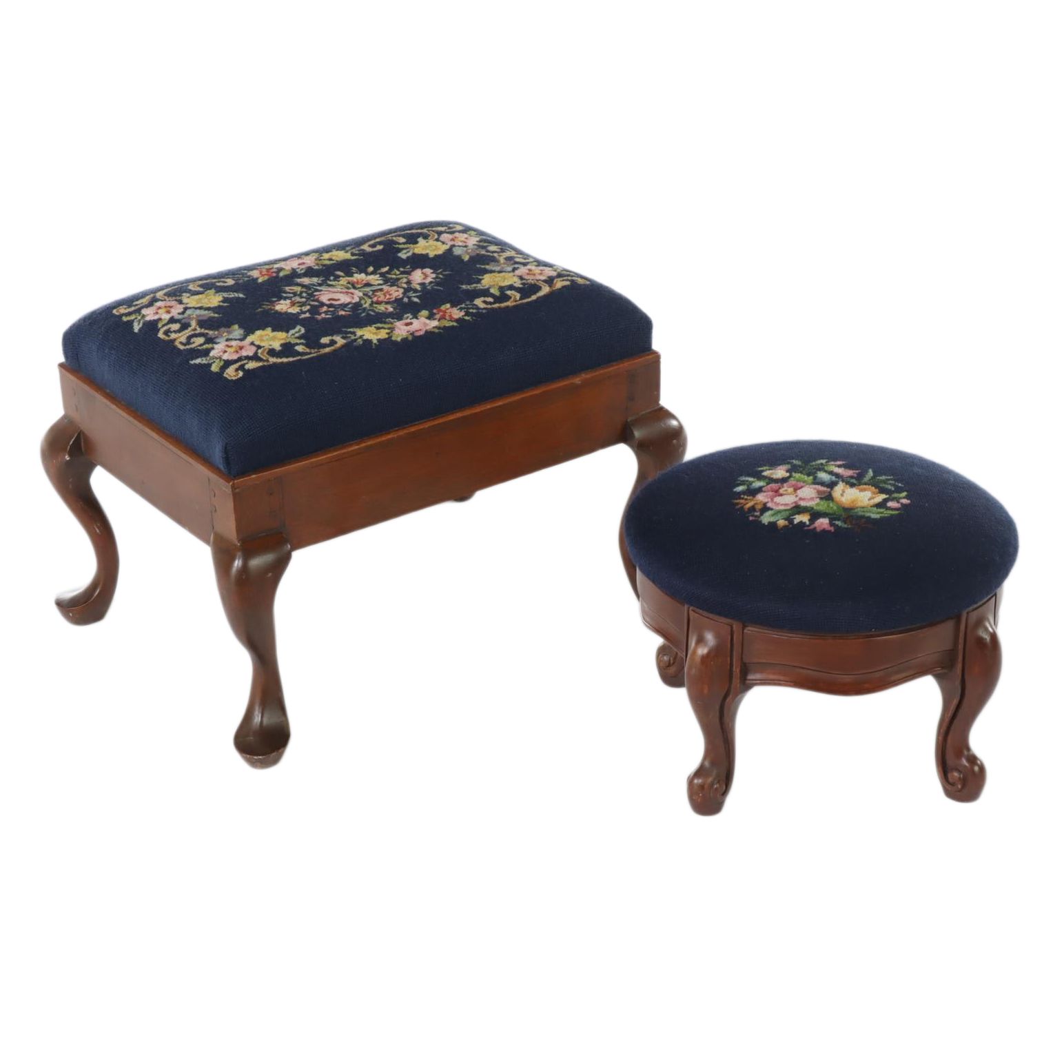 Two Queen Anne Style Needlepoint Footstools, 20th Century