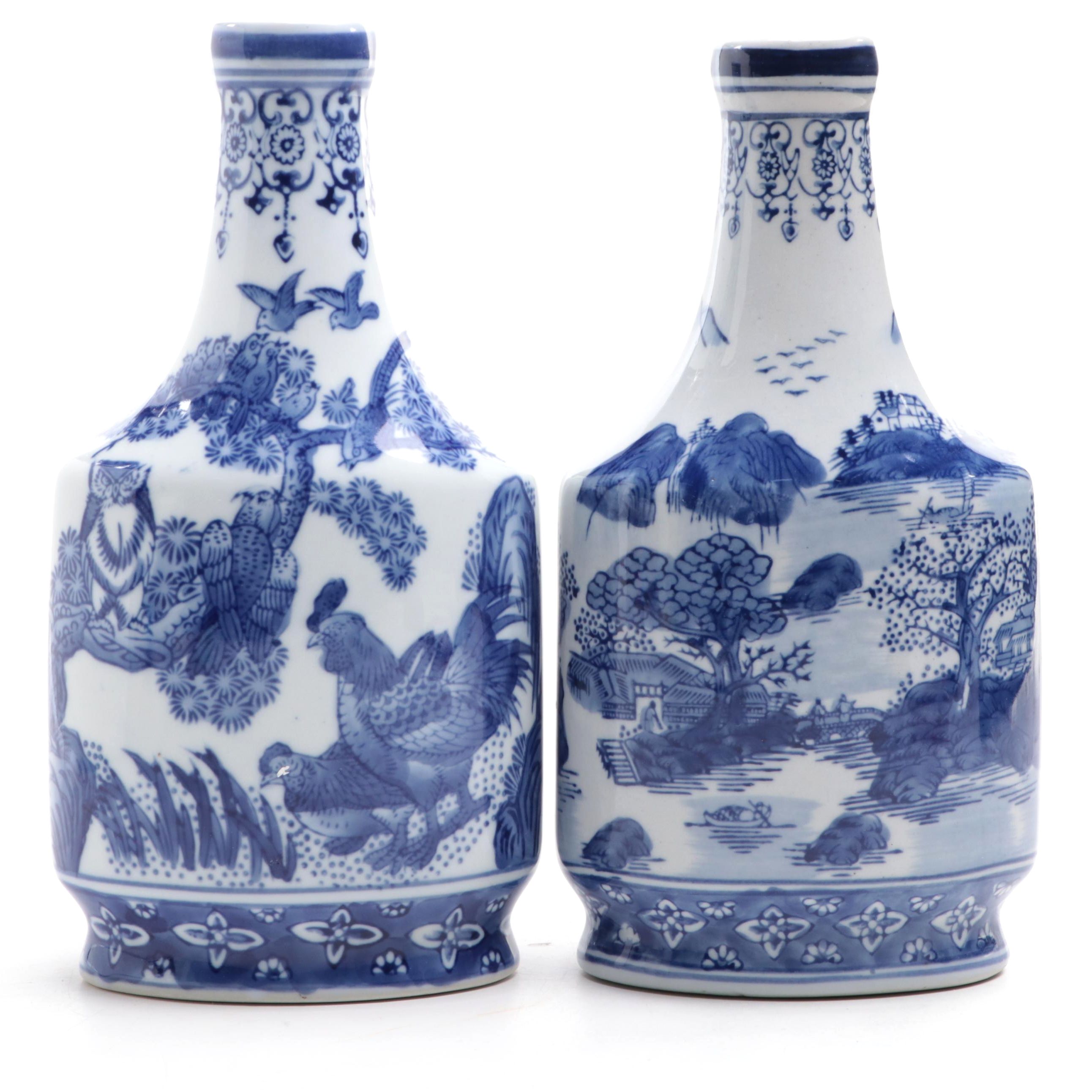 Formalities by Baum Bros. Chinese Blue and White Porcelain Bottle Vases