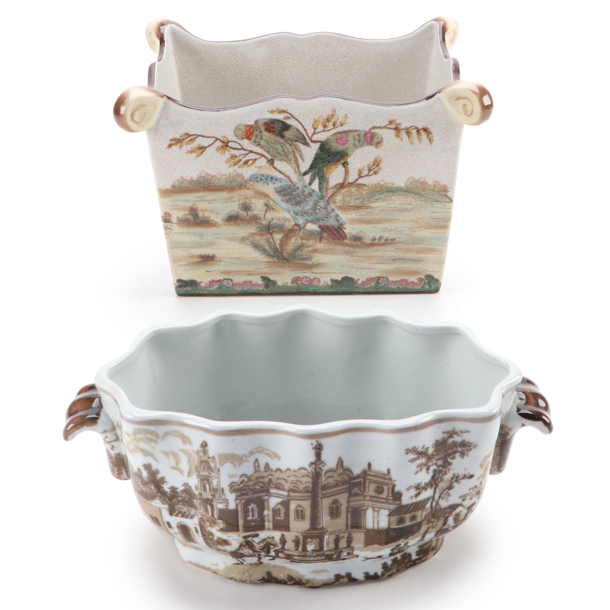 Chinese Crackle Glaze Garden Motif Planter with Other Transferware Cache Pot