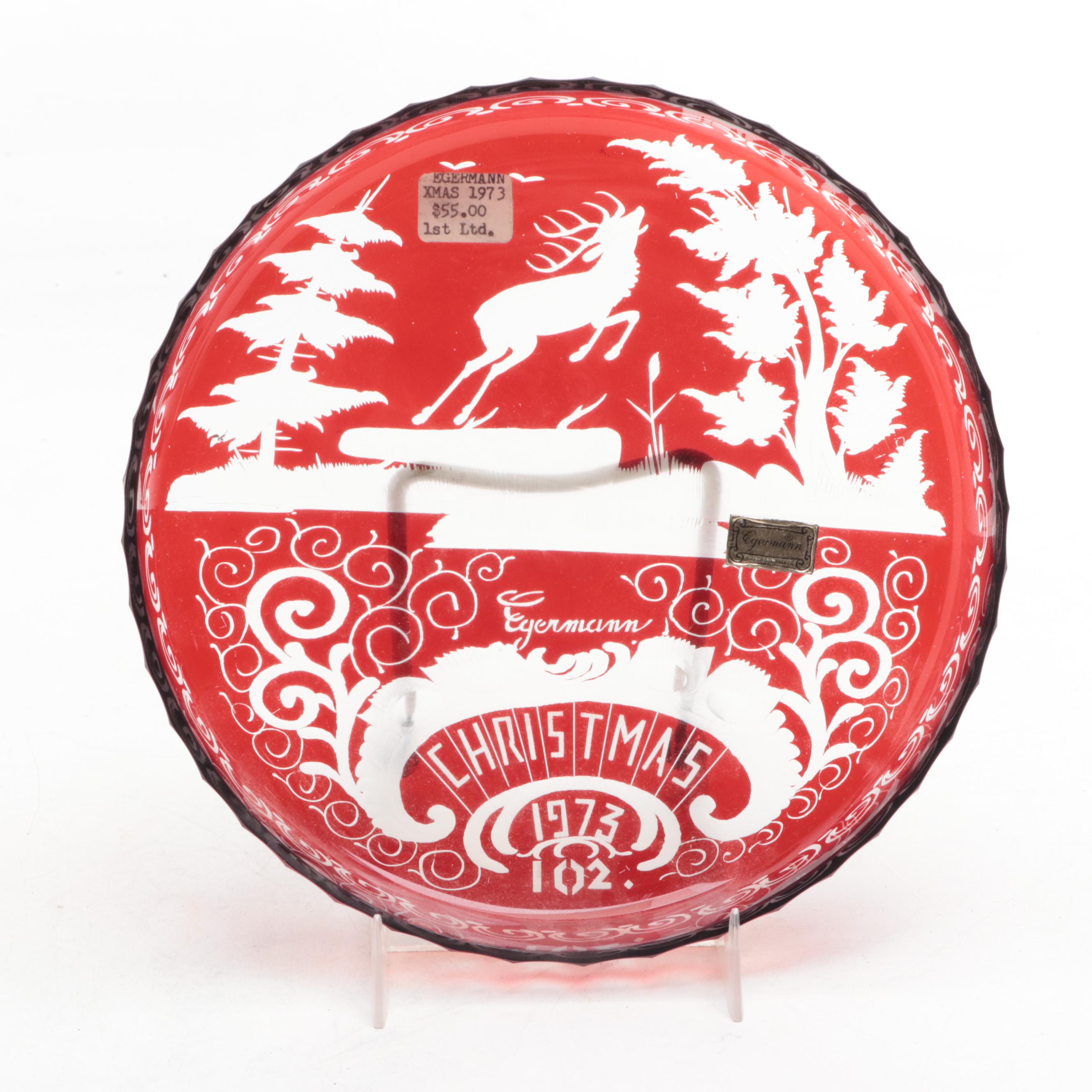 Bohemian Egermann "1973 Christmas" Tray and Bell in Ruby Etched Glass