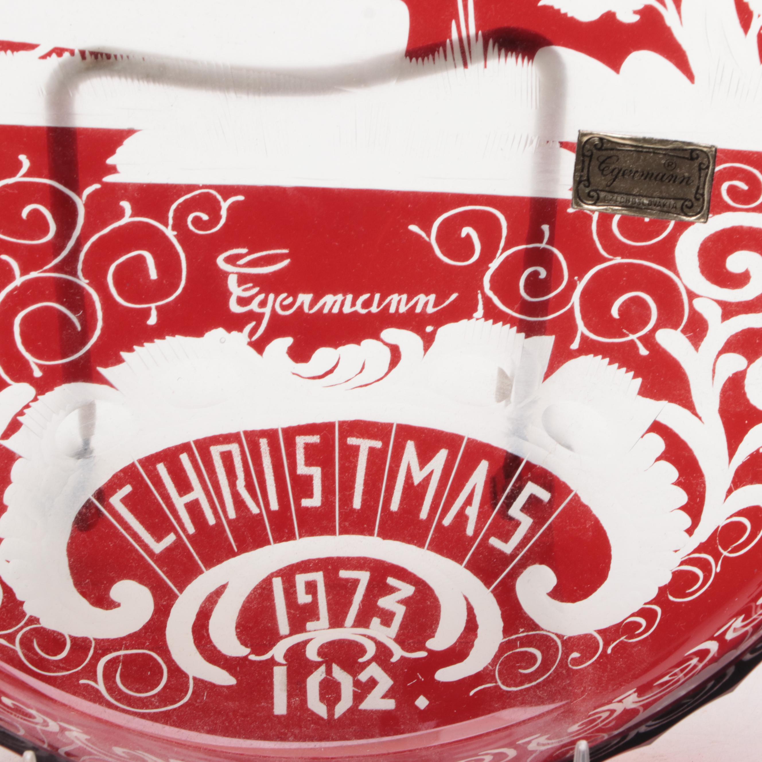 Bohemian Egermann "1973 Christmas" Tray and Bell in Ruby Etched Glass