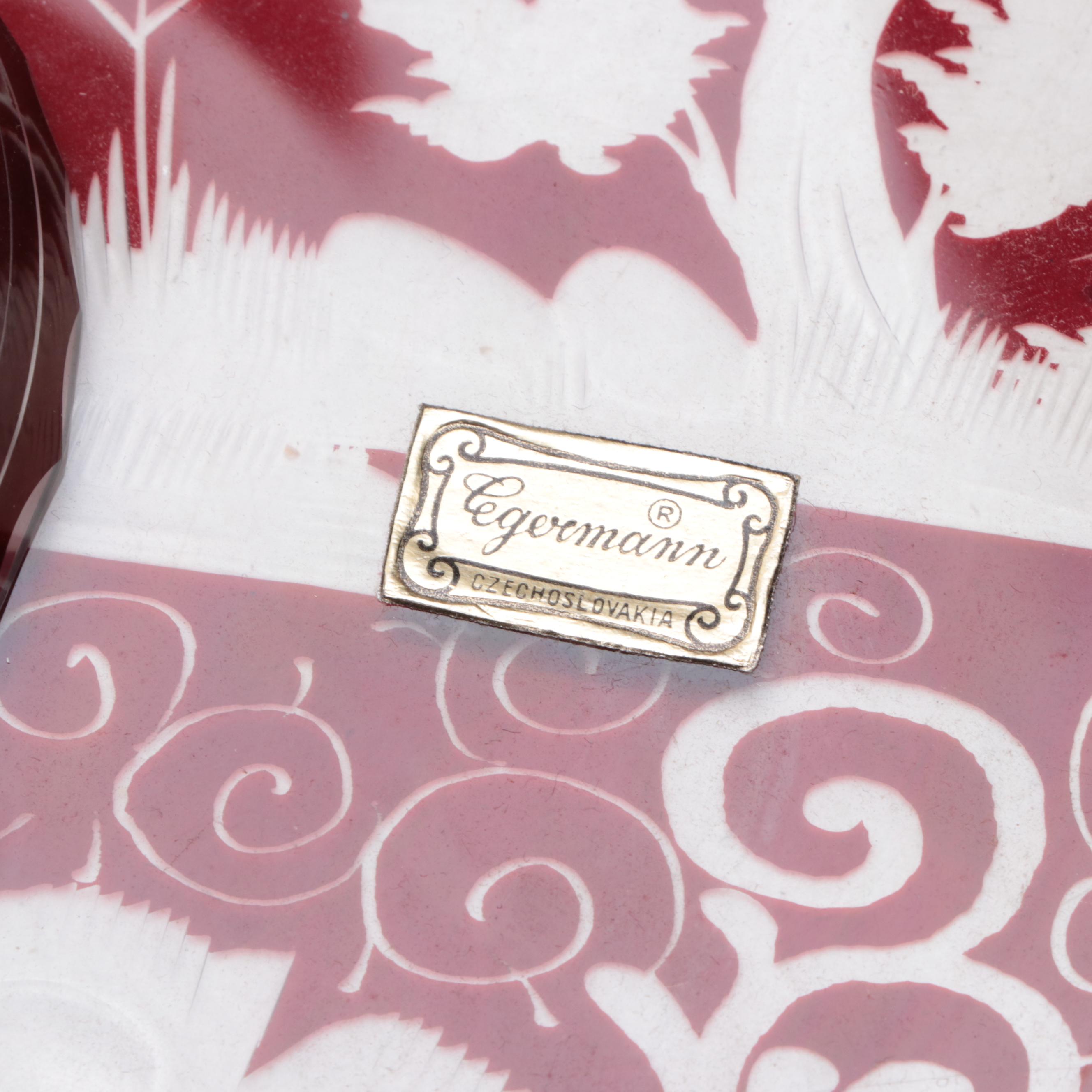 Bohemian Egermann "1973 Christmas" Tray and Bell in Ruby Etched Glass