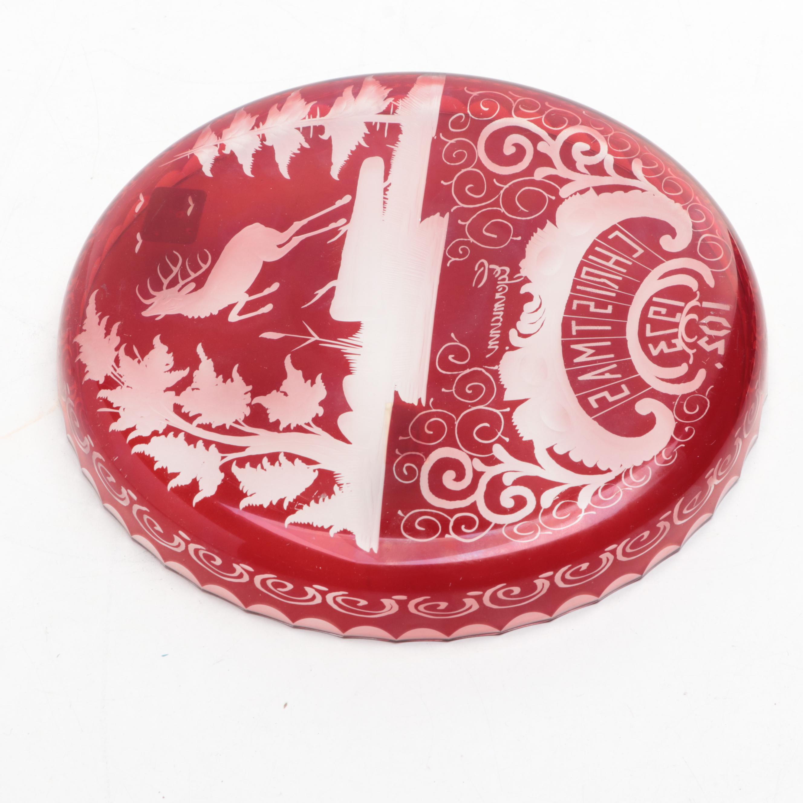 Bohemian Egermann "1973 Christmas" Tray and Bell in Ruby Etched Glass