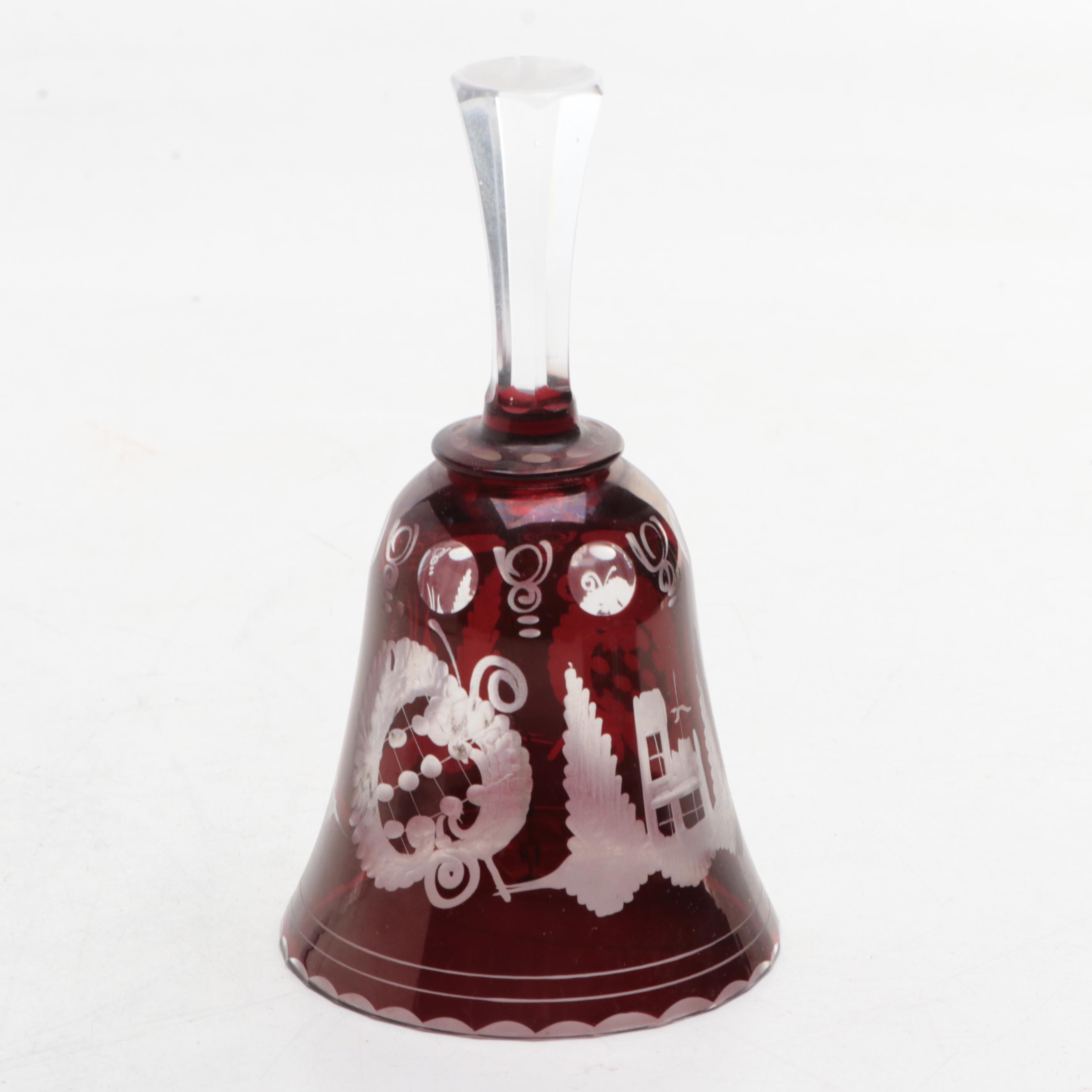 Bohemian Egermann "1973 Christmas" Tray and Bell in Ruby Etched Glass