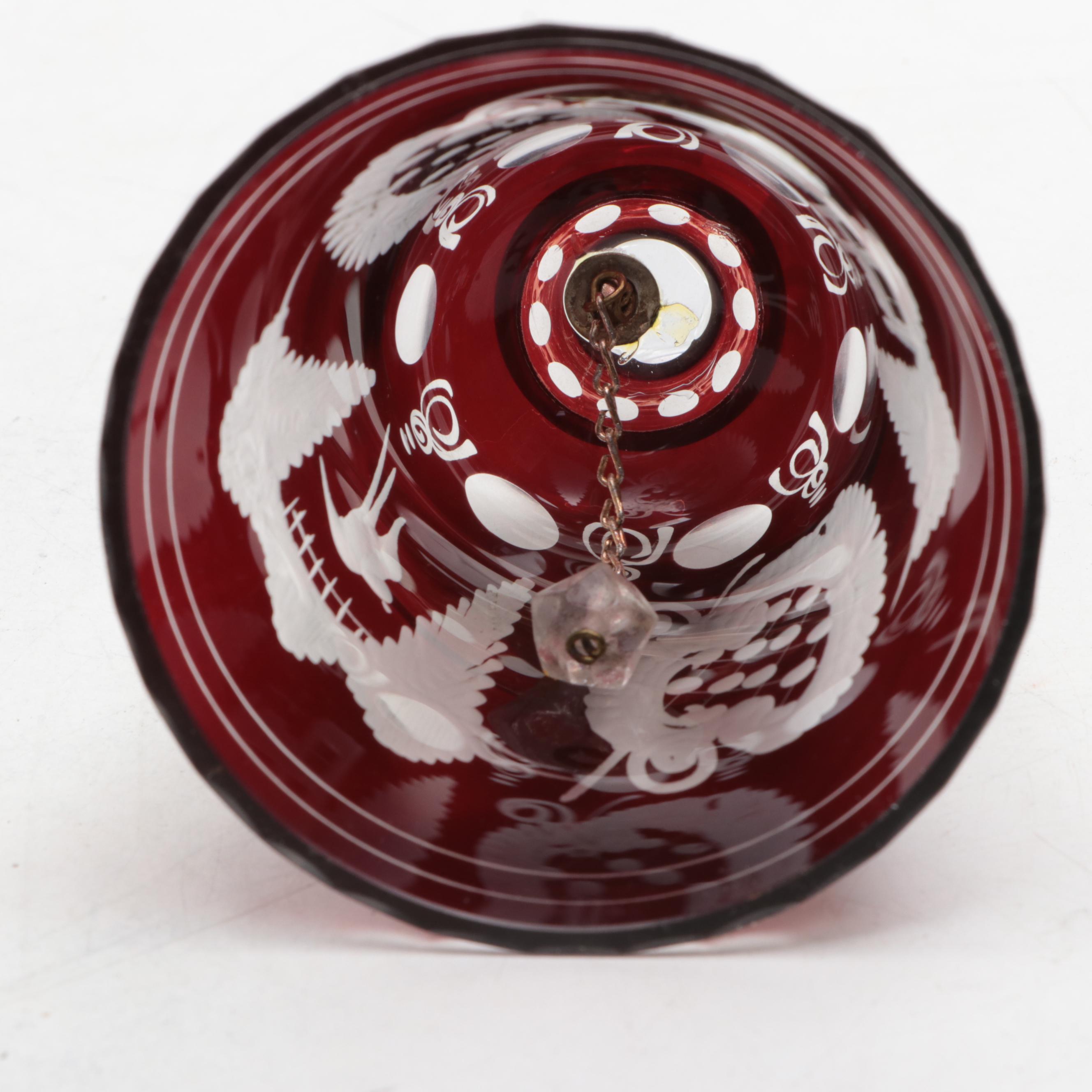 Bohemian Egermann "1973 Christmas" Tray and Bell in Ruby Etched Glass