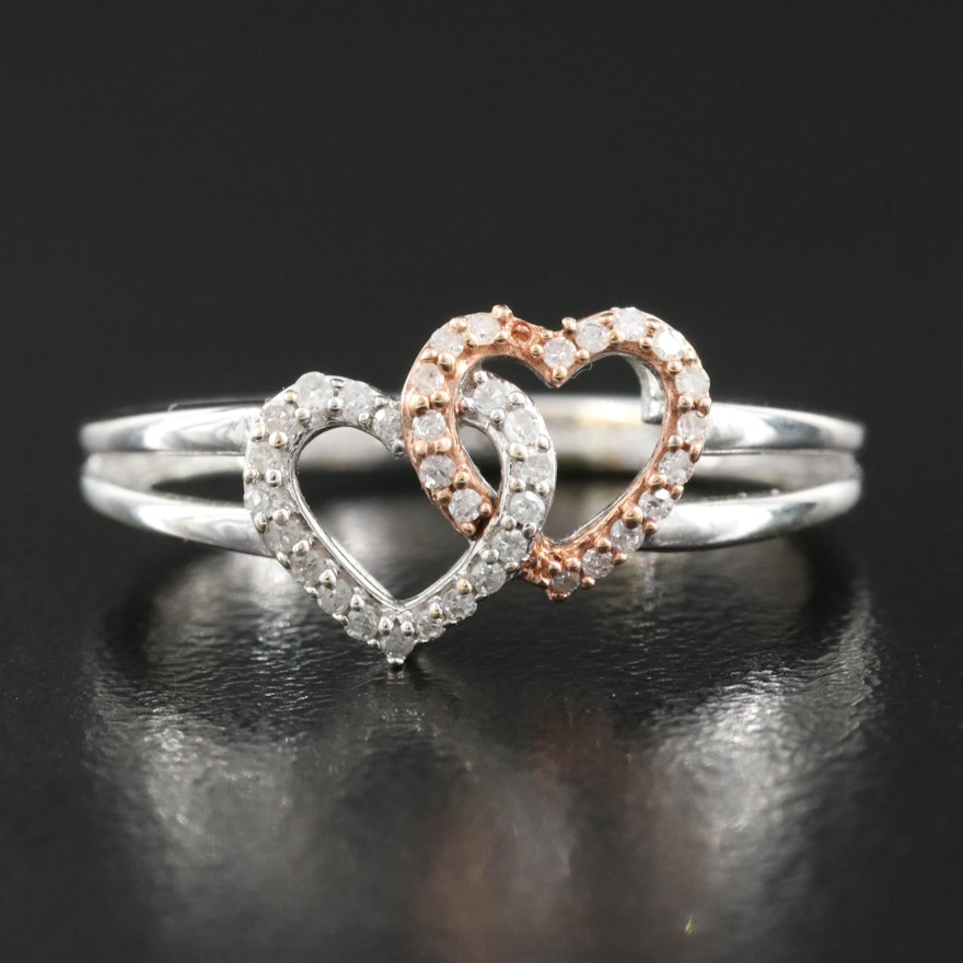 Sterling Diamond Heart Ring with 10K Rose Gold Accents