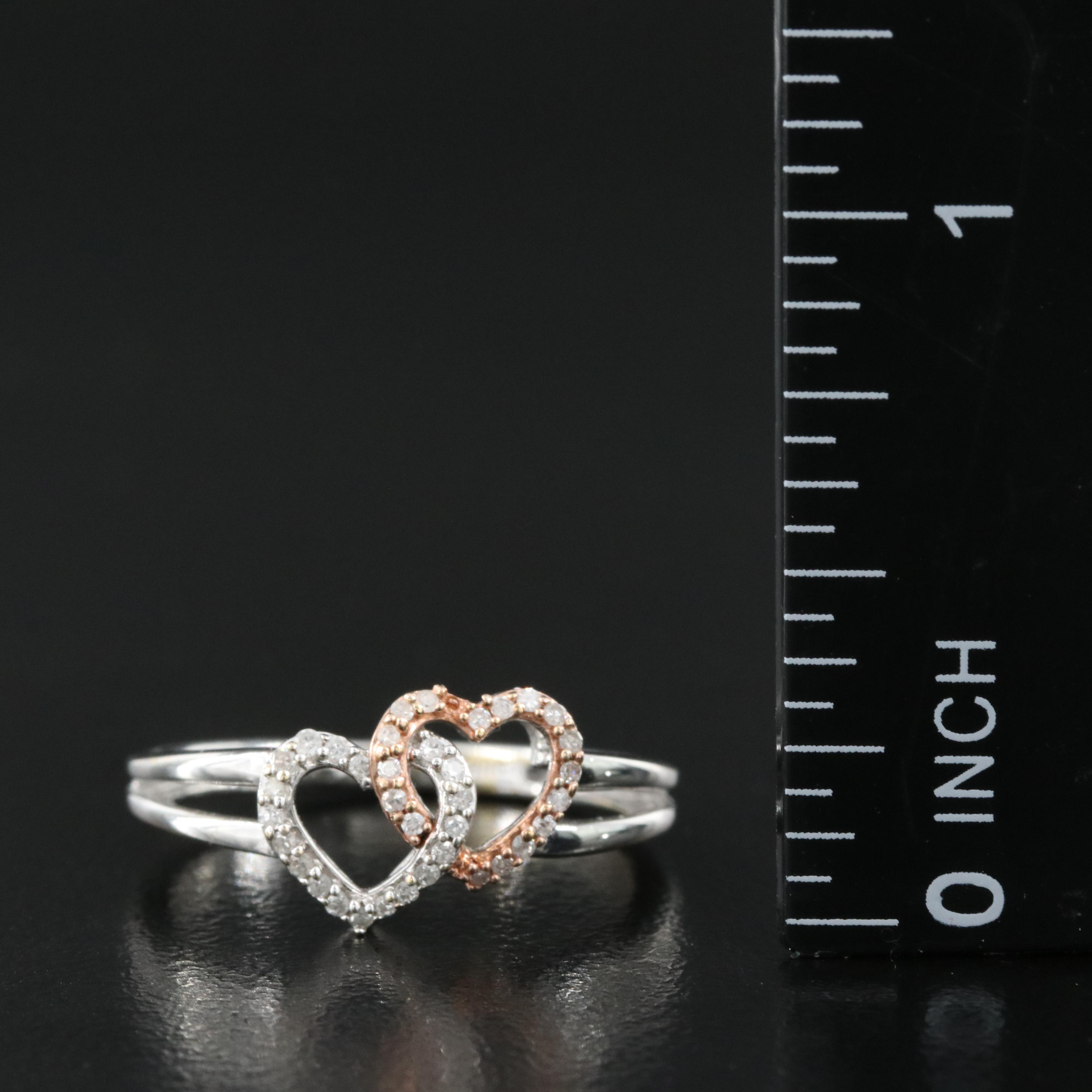 Sterling Diamond Heart Ring with 10K Rose Gold Accents