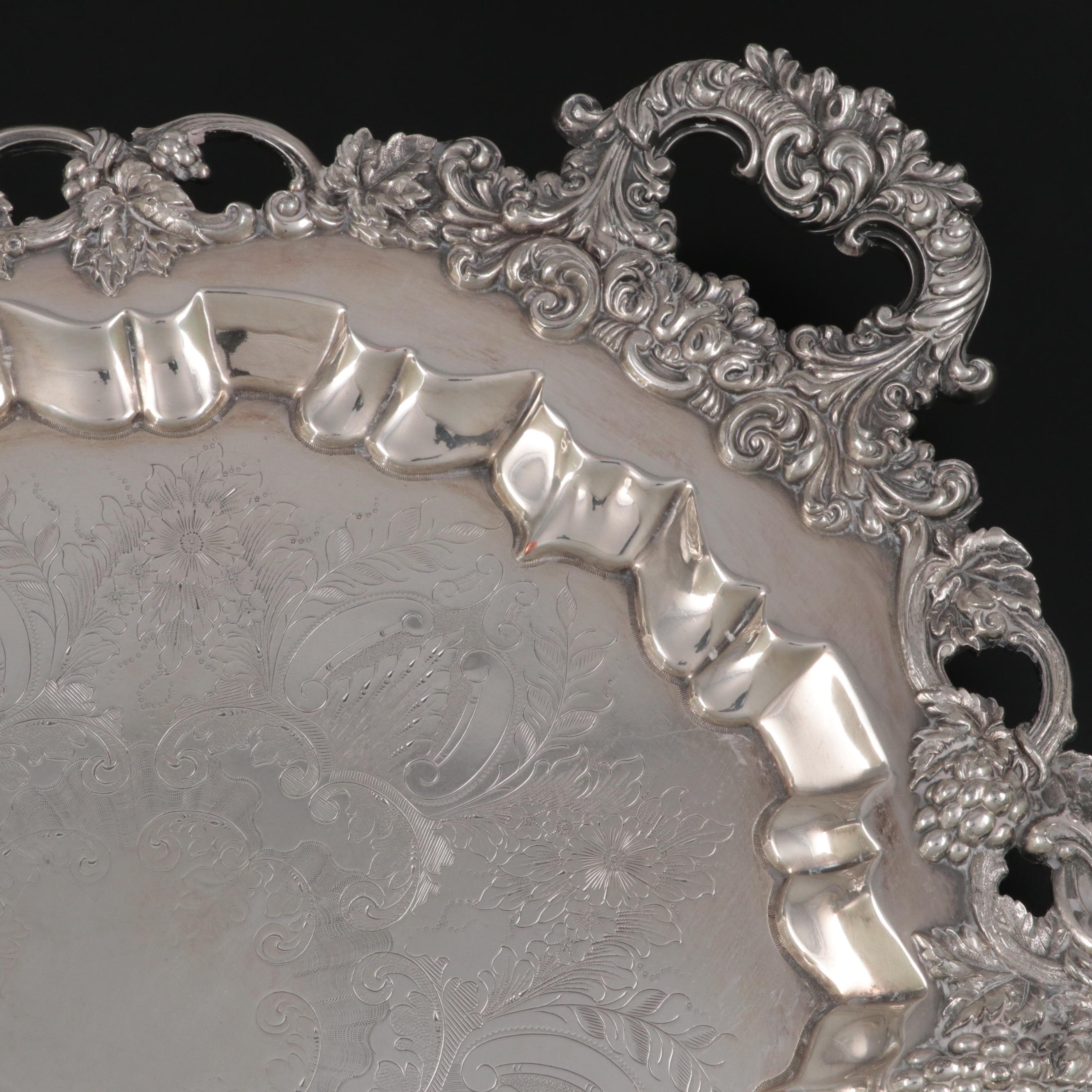 Barbour Silver Co. Chased Silver Plate Footed Tray with Grape Vine Rim
