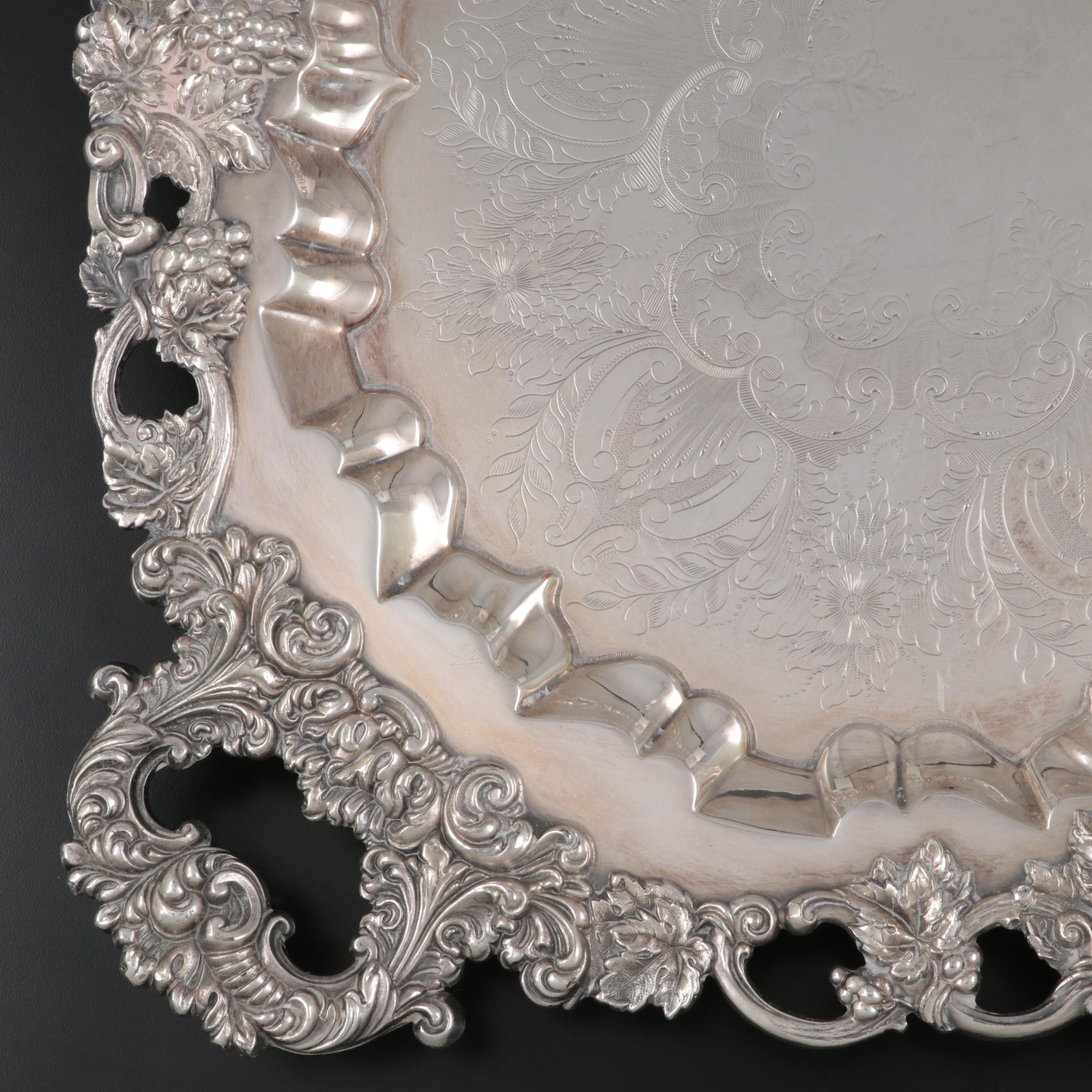 Barbour Silver Co. Chased Silver Plate Footed Tray with Grape Vine Rim