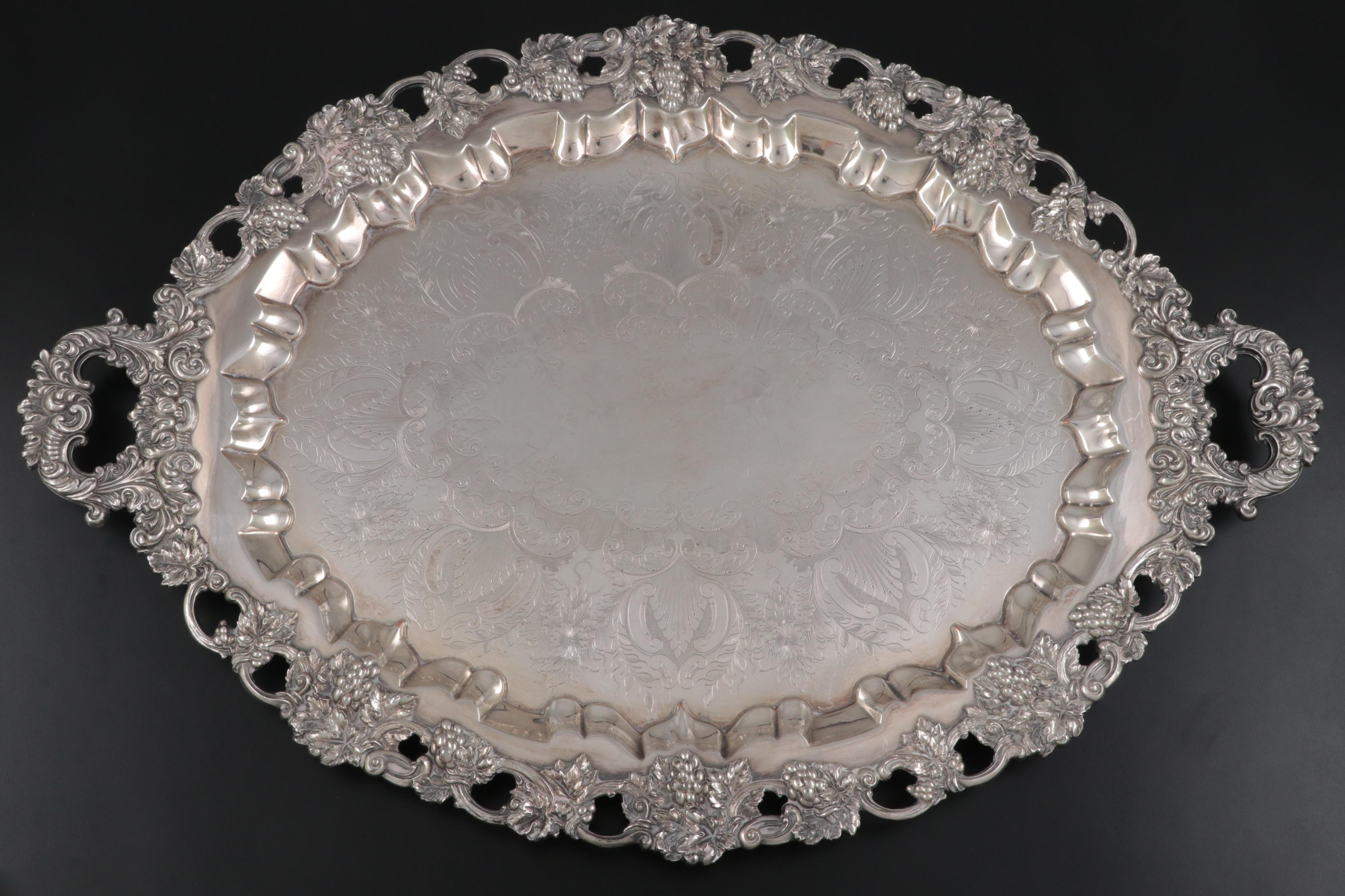 Barbour Silver Co. Chased Silver Plate Footed Tray with Grape Vine Rim