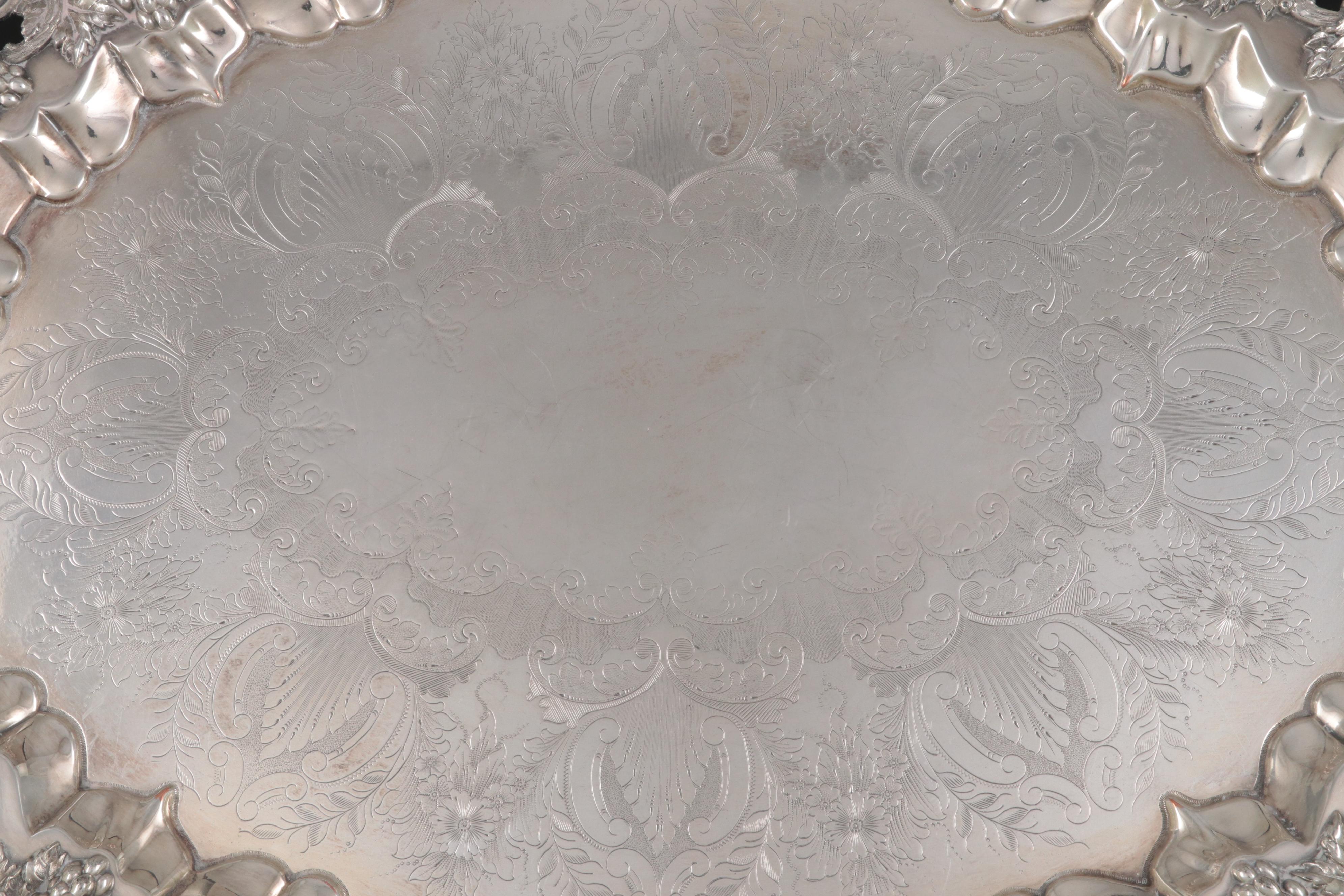 Barbour Silver Co. Chased Silver Plate Footed Tray with Grape Vine Rim