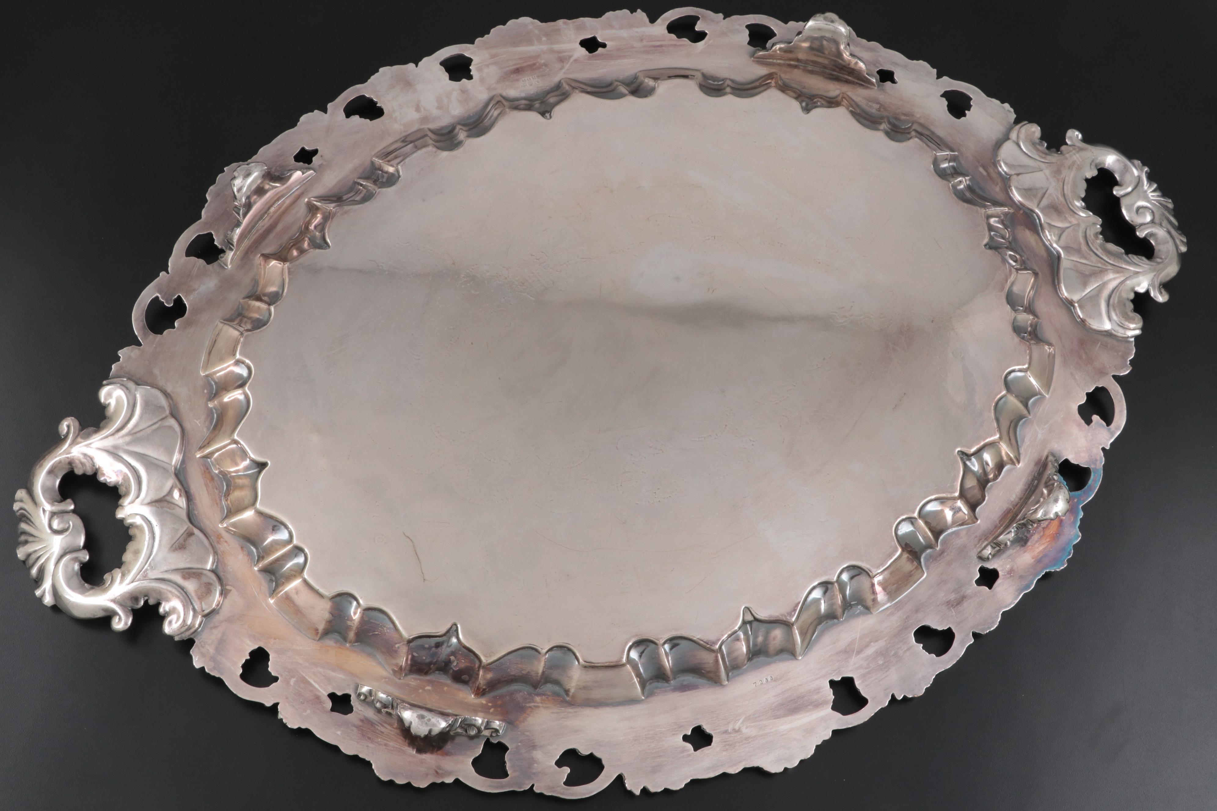 Barbour Silver Co. Chased Silver Plate Footed Tray with Grape Vine Rim