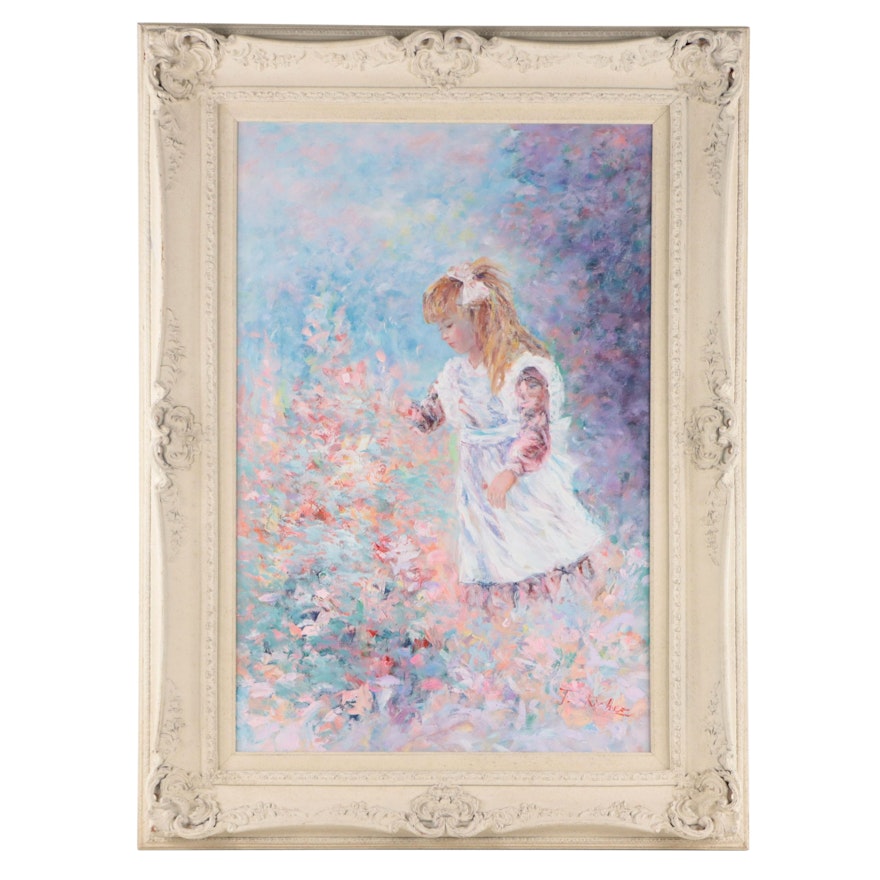 Oil Painting of Young Girl in Flower Patch