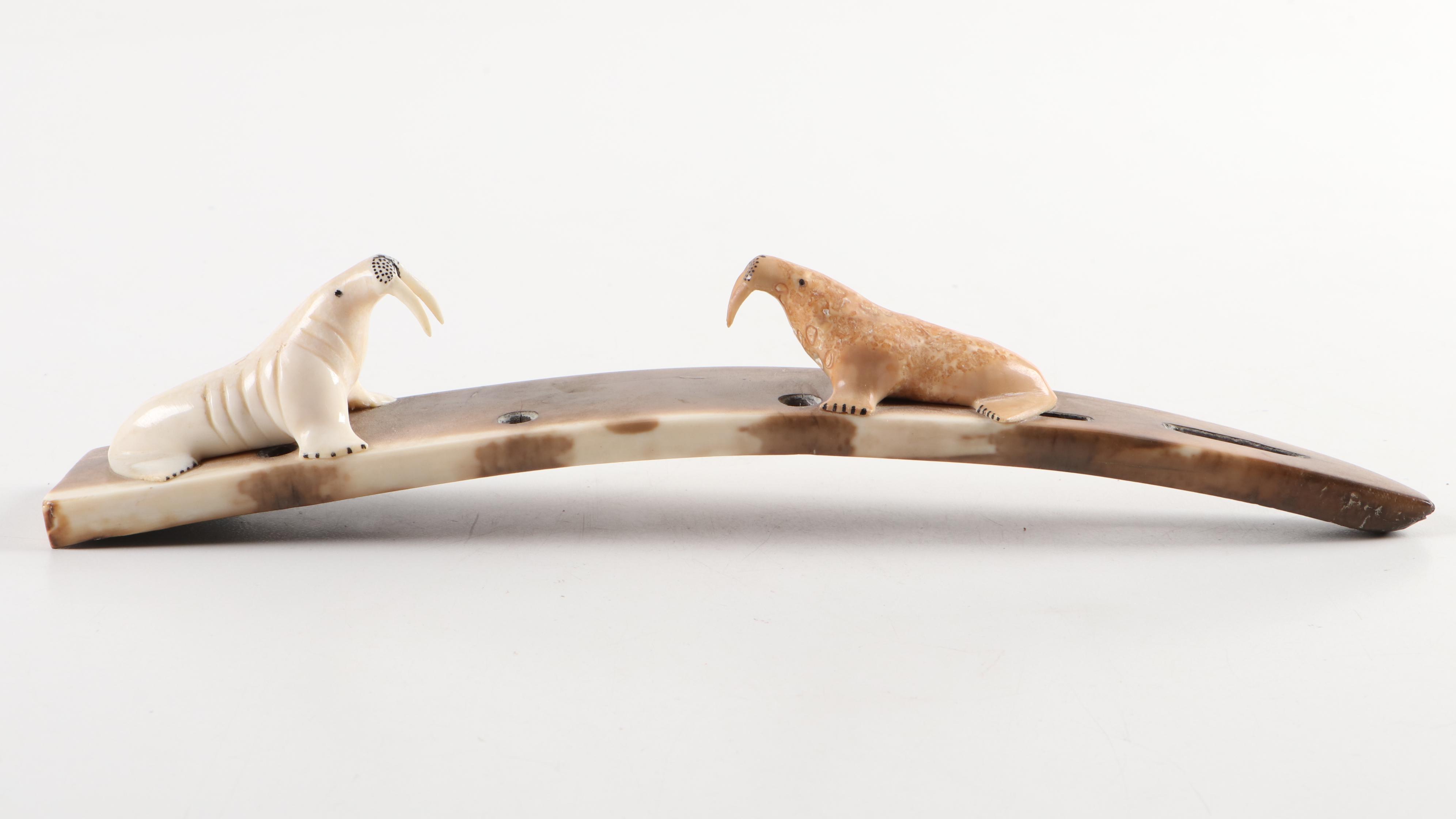 Carved Walrus Ivory Baculum and Walrus Ivory Seal and Walrus Figurines